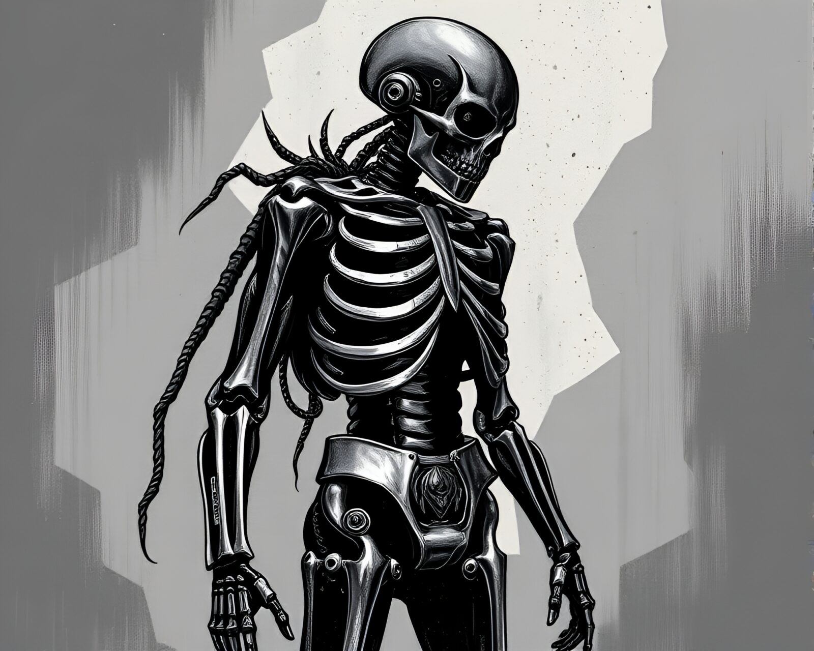 Graphite gray image of exoskeleton suit adorned with silver leaf accents, woodcut style
