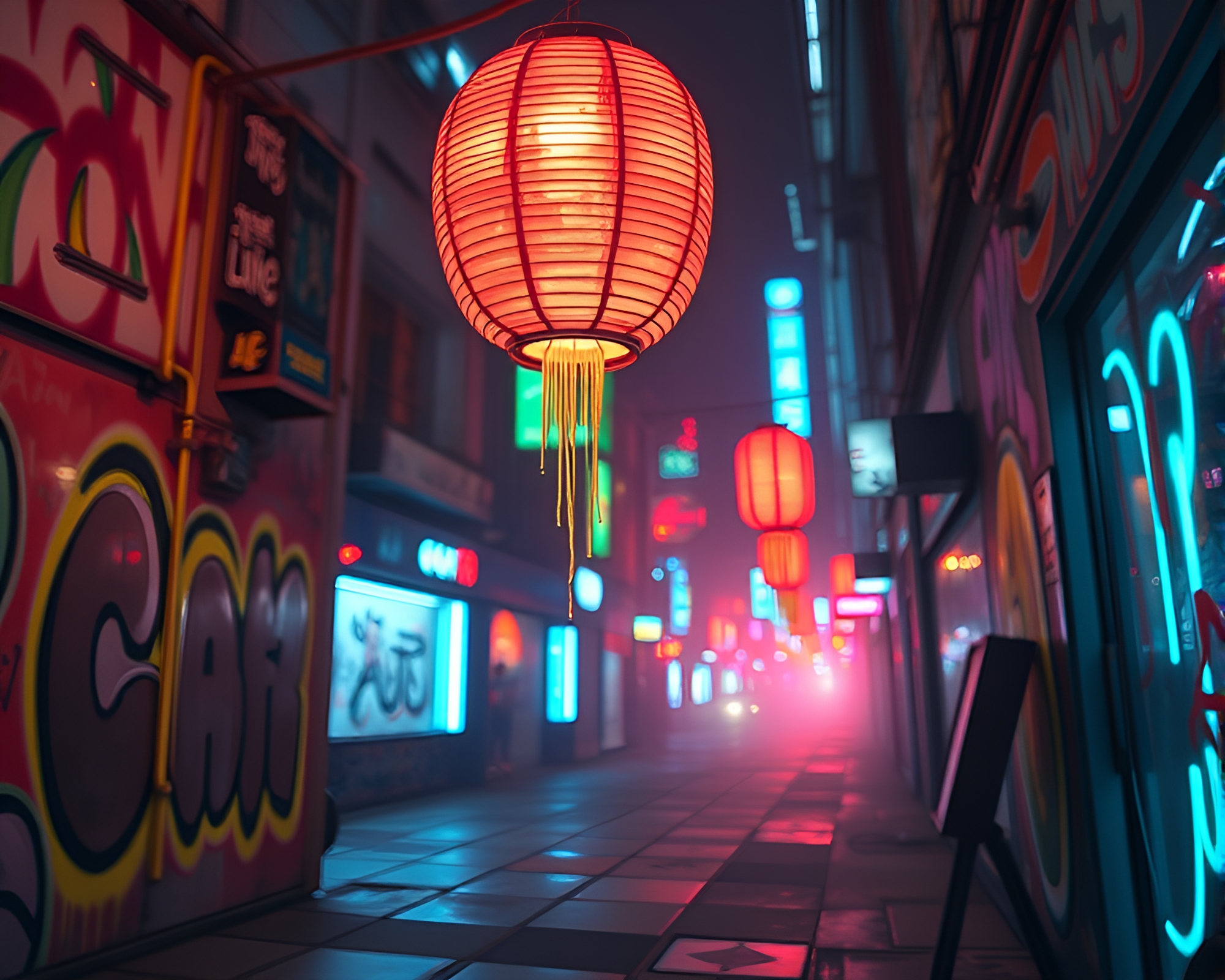 Graffiti Dripped Paper Lanterns in Neon City CGI Art – free AI stock image