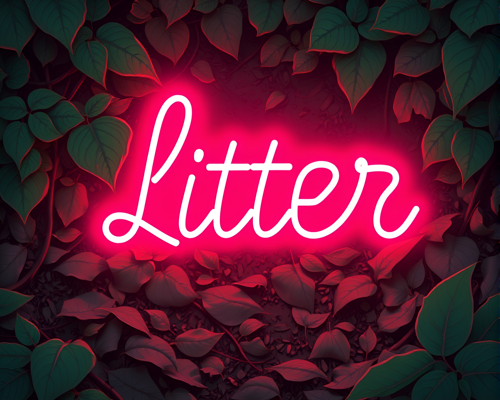 Steampunk Neon Sign Illuminating Muted Leaf Litter – free AI stock image