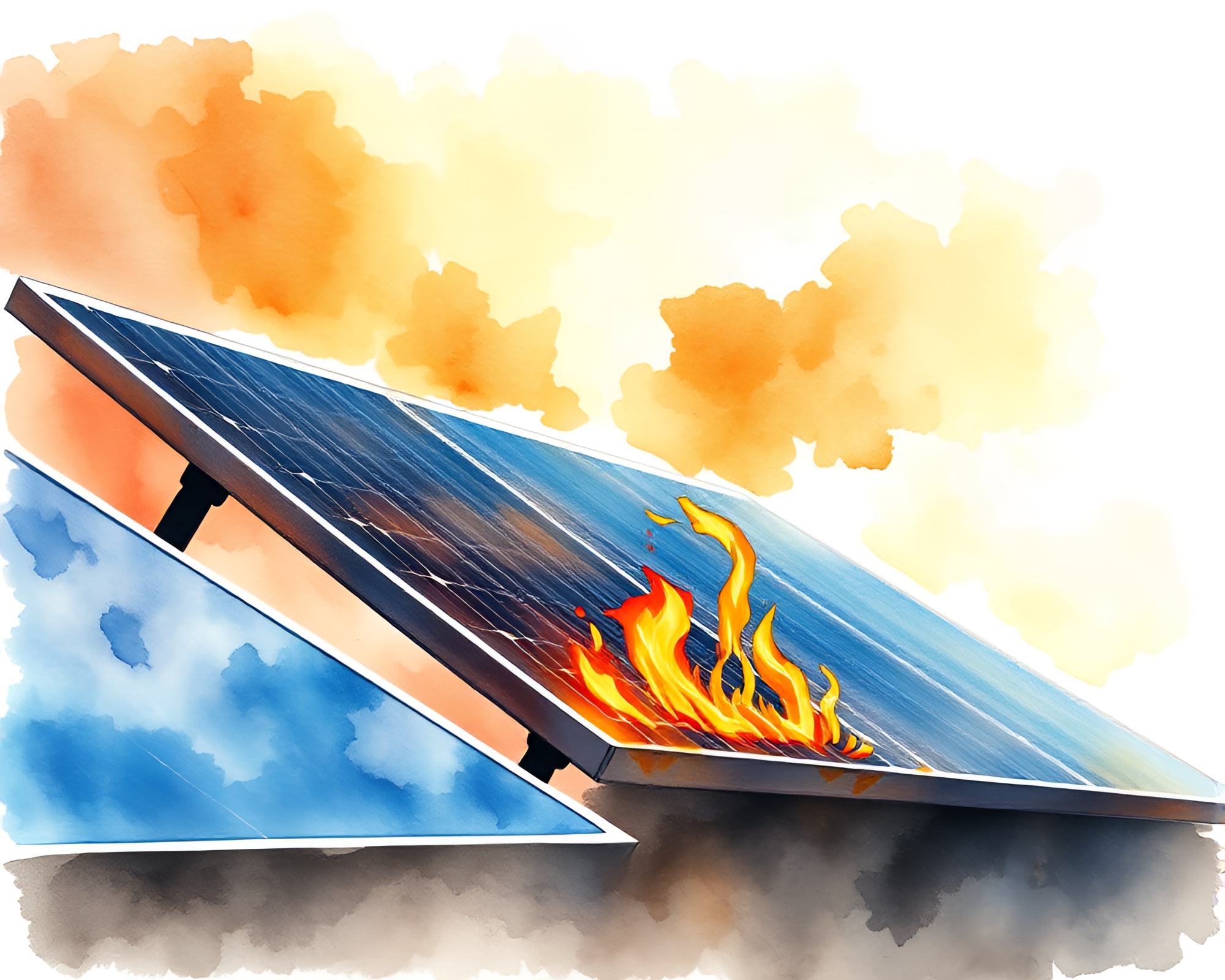 Sunlit Watercolor Solar Panels by Flickering Fireplace – free AI stock image
