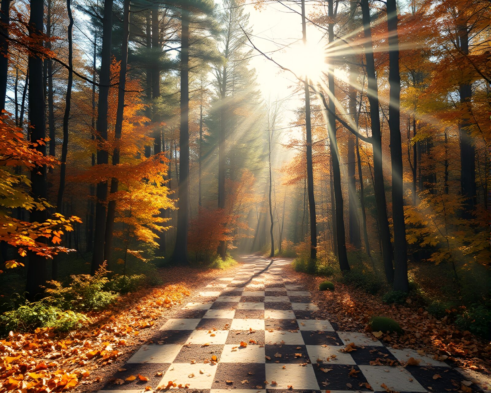 Warm sunrays filtering through autumn checkered canopy in forest