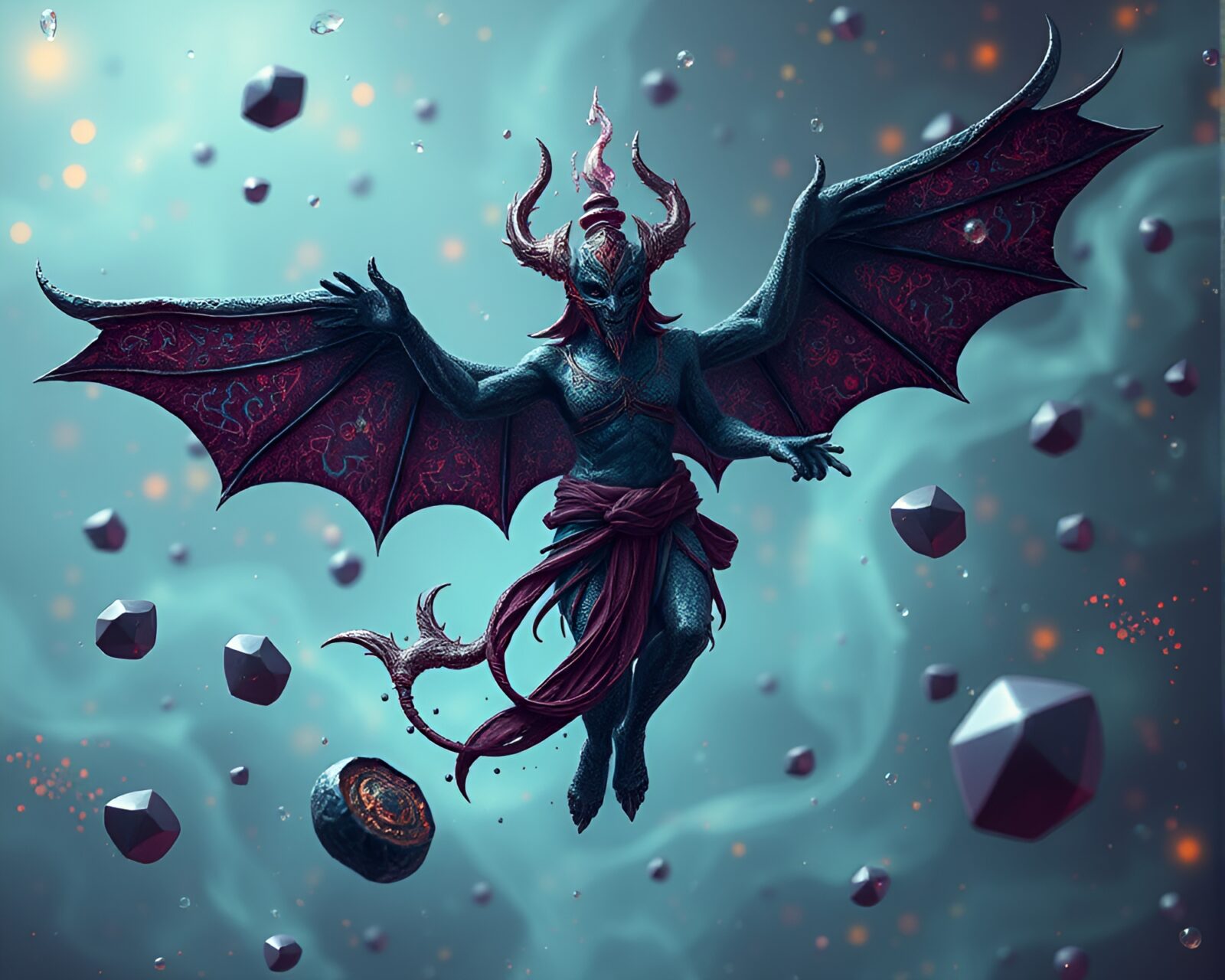 Mystical Djinn enveloped in oil-rich floating particles