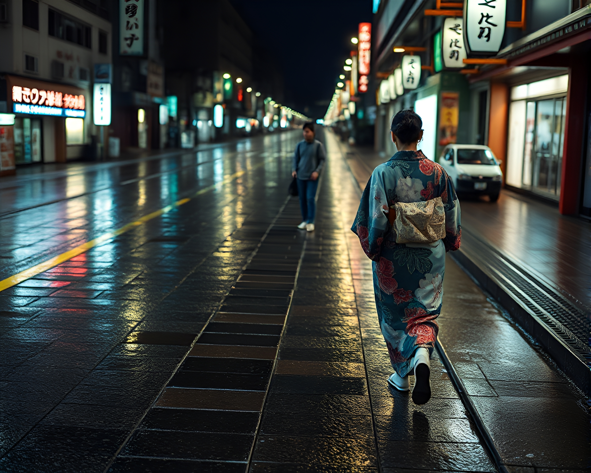 Rainy Day Elegance: Silk Kimono on Wet Pavement – free AI stock image