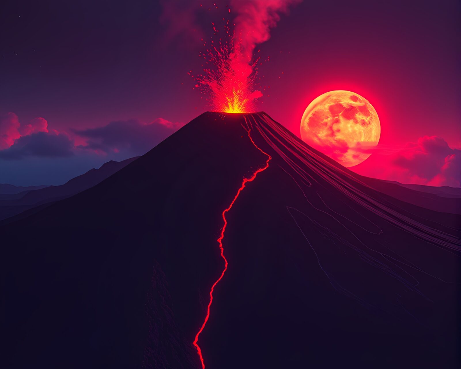 Volcanic crater on cliffside with vibrant, retro synthwave colors
