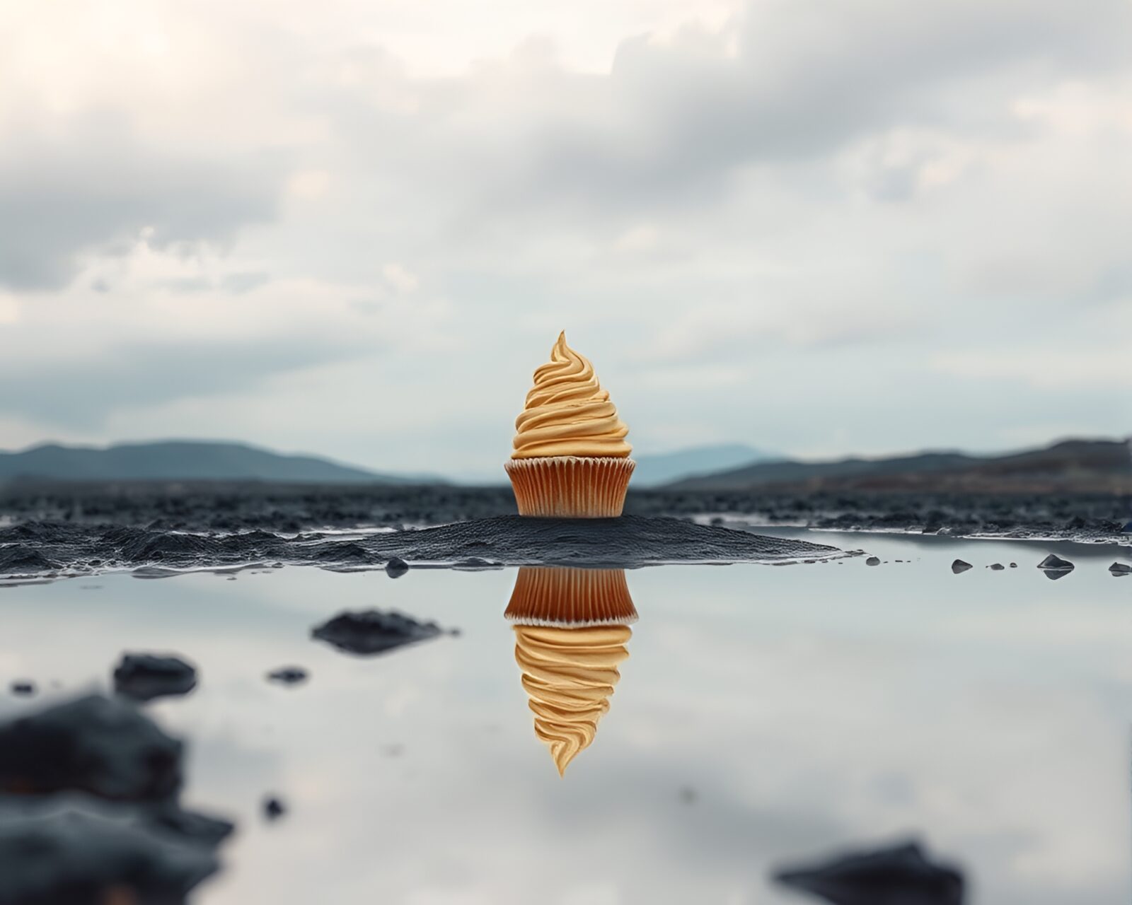 Écorché study of cupcake tower reflecting in volcanic ash pond