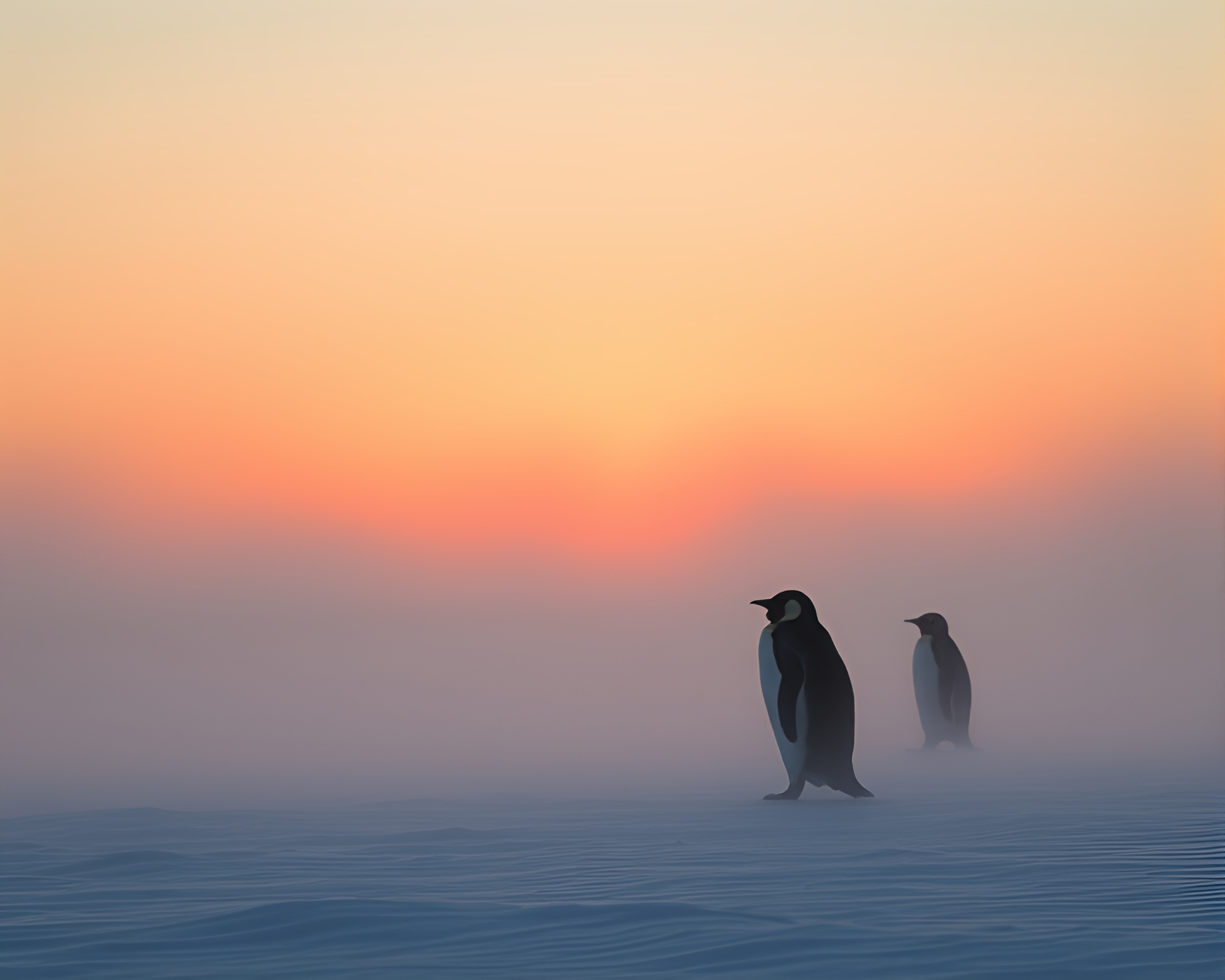 Misty Penguin Sunrise: Trompe-l’oeil Art – free AI stock image