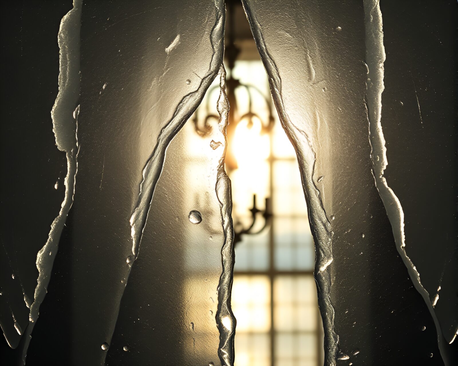 Backlit silhouette of a Gothic chandelier on ice reflection