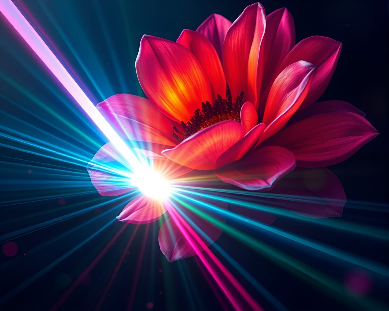 Laser sword composed of flower petals with vibrant lens flare bursts