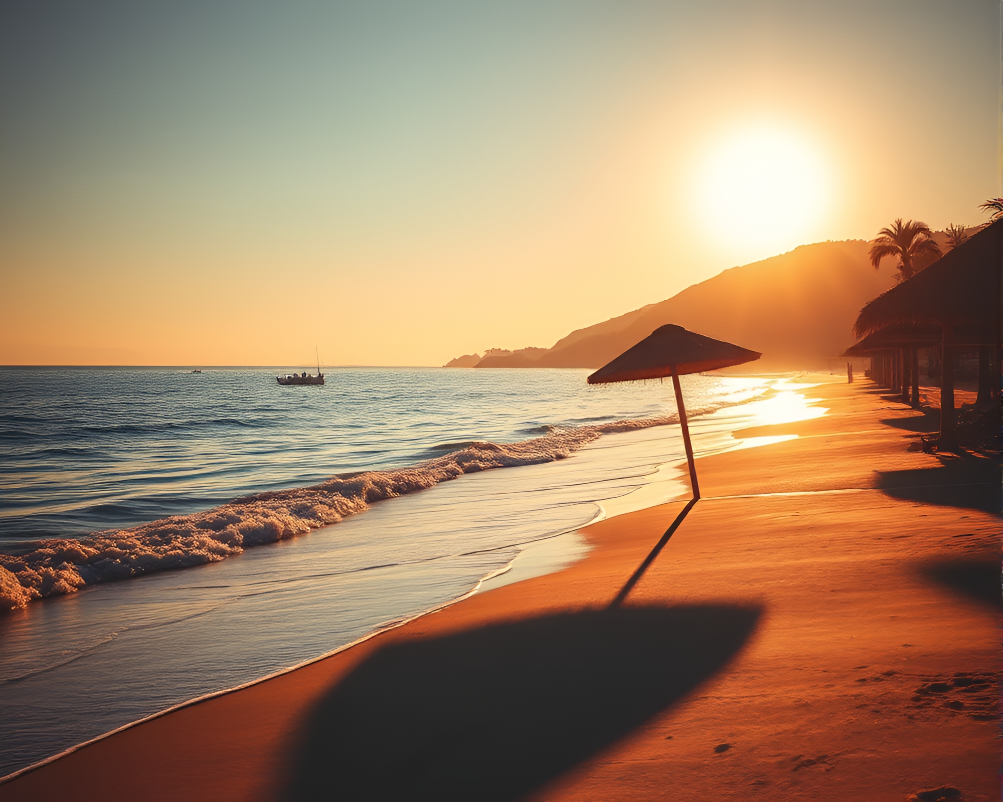 Serene Beach Sunset Silhouette with Oil Texture – free AI stock image