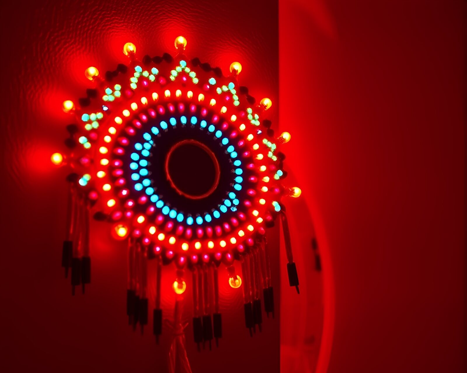 Colorful beadwork with neon lights on plateau landscape