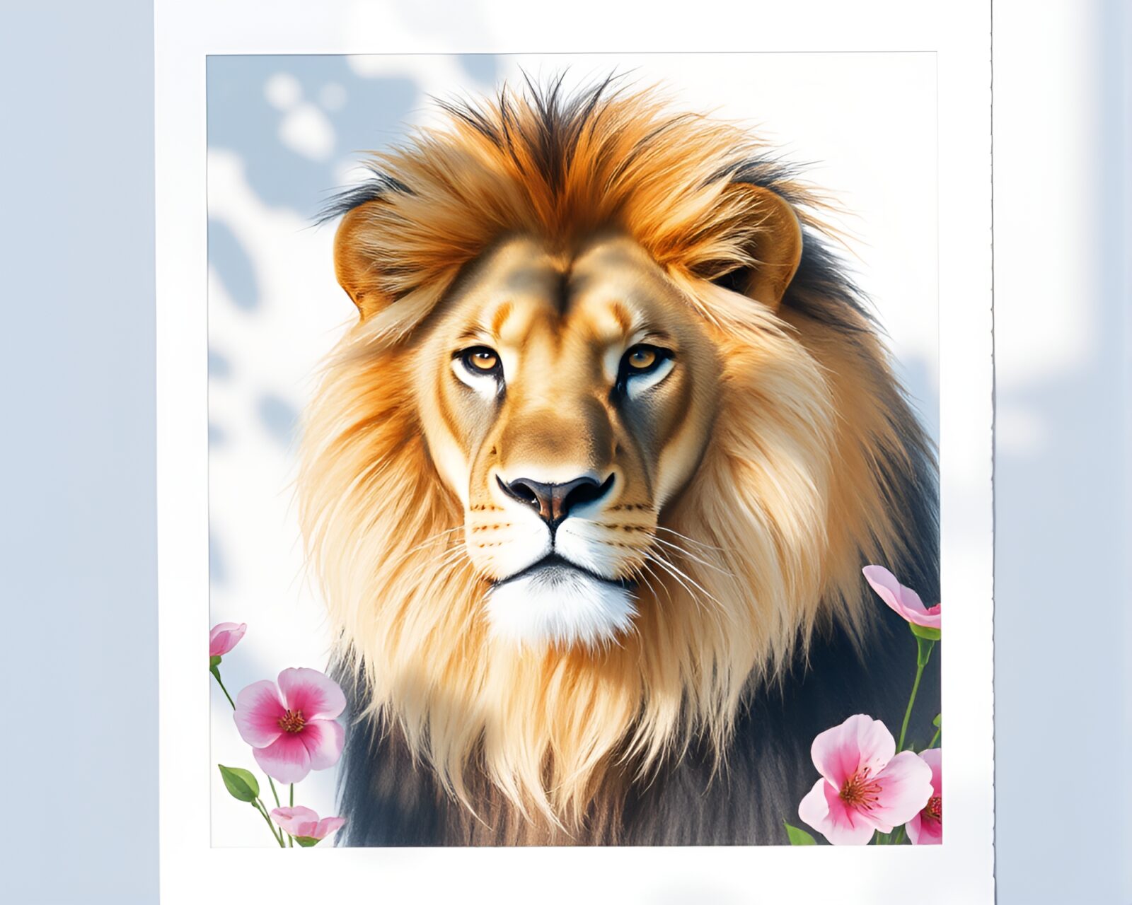 Majestic lion surrounded by vibrant watercolor flowers in Polaroid style
