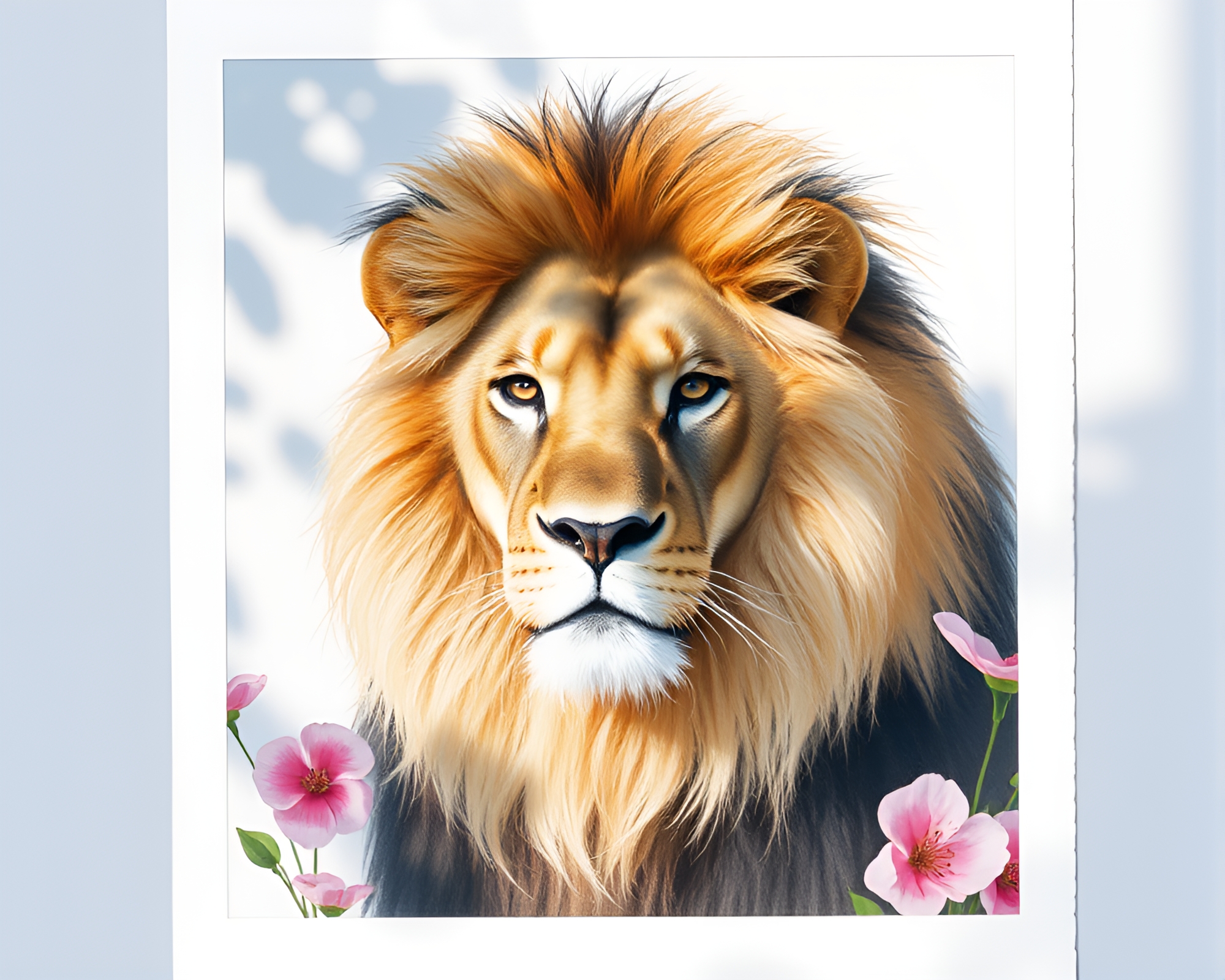 Lion amidst watercolor blooms under soft shadows – free AI stock image