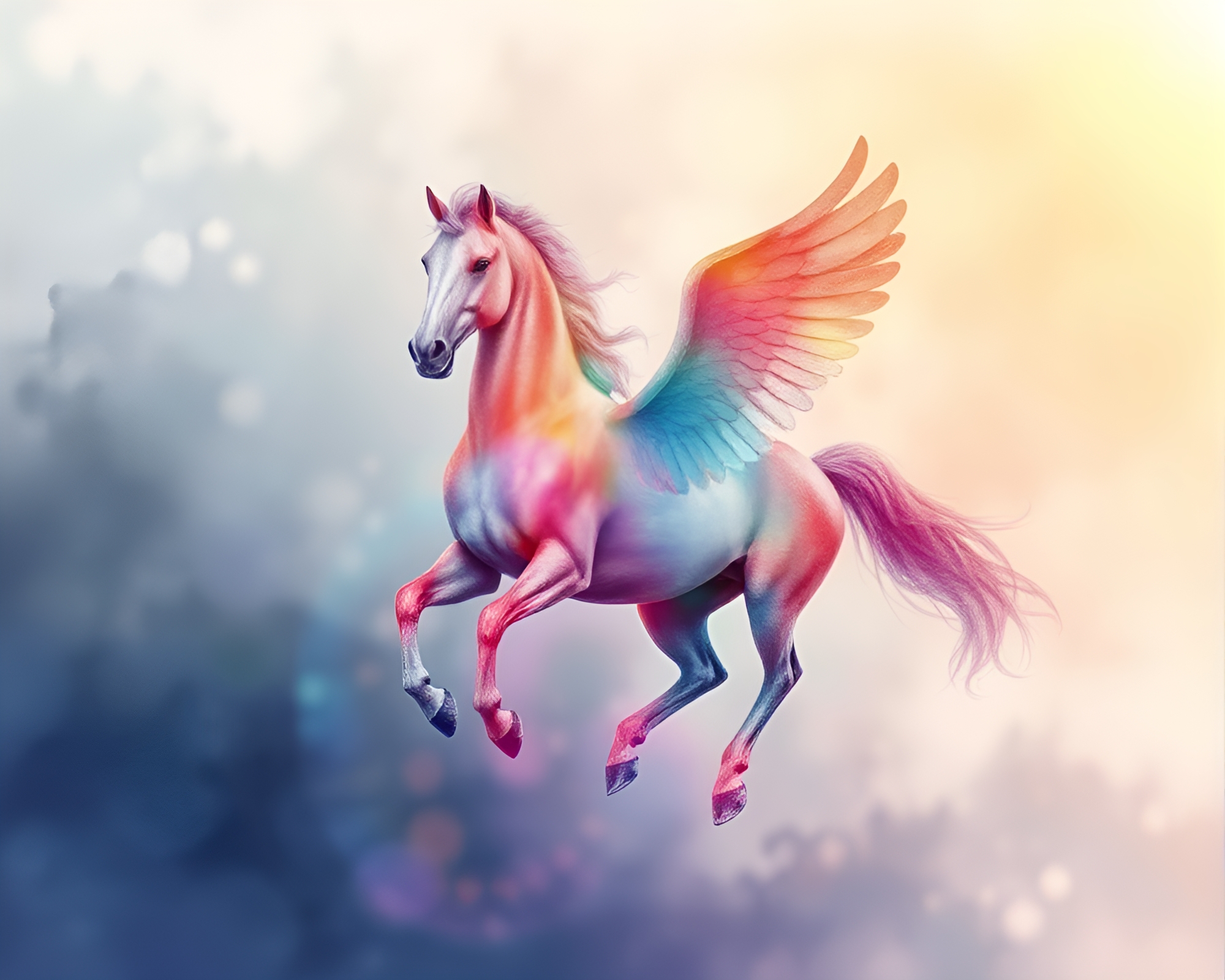 Pegasus Soaring in Soft Focus Watercolor Wash Landscape – free AI stock image
