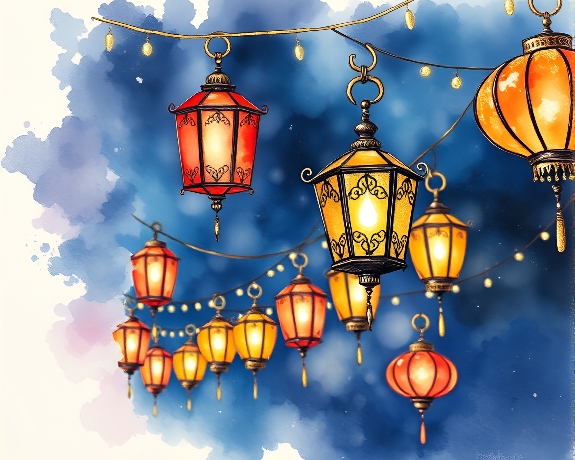 Enchanting Watercolor Lanterns with Gold Foil Accents – free AI stock image