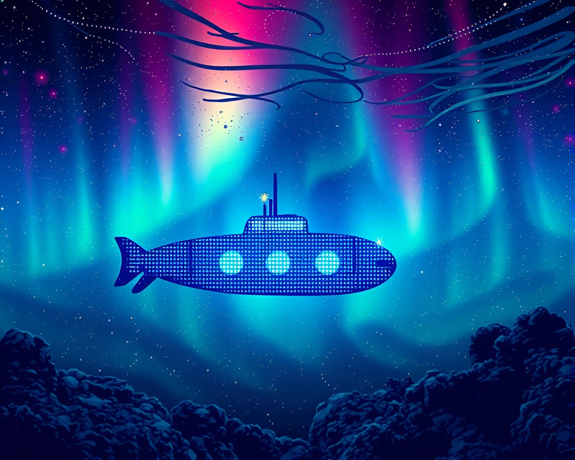 Submerged LED Pixel Grid Submarine Under Aurora Lights – free AI stock image