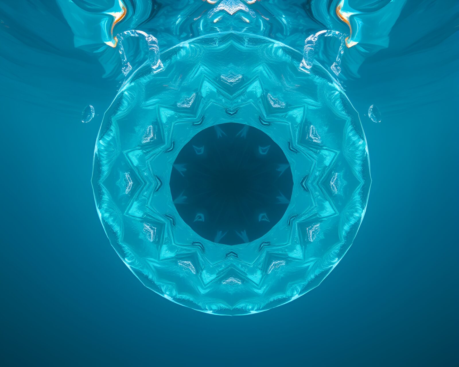A fantastical underwater dome reflecting symmetrical ice-blue light patterns