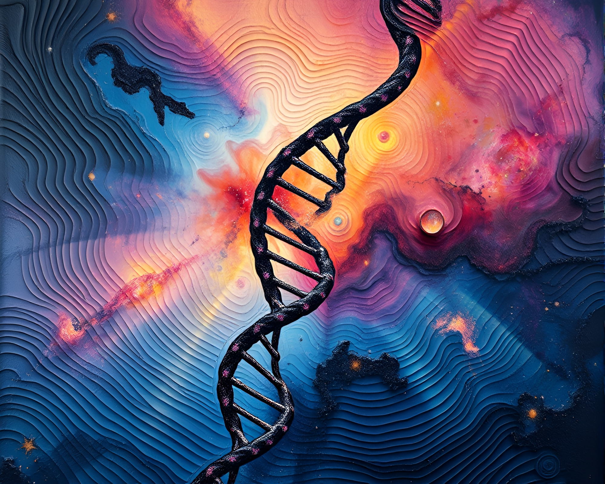 Impasto DNA Helix amidst cosmic nebulas – free AI stock image
