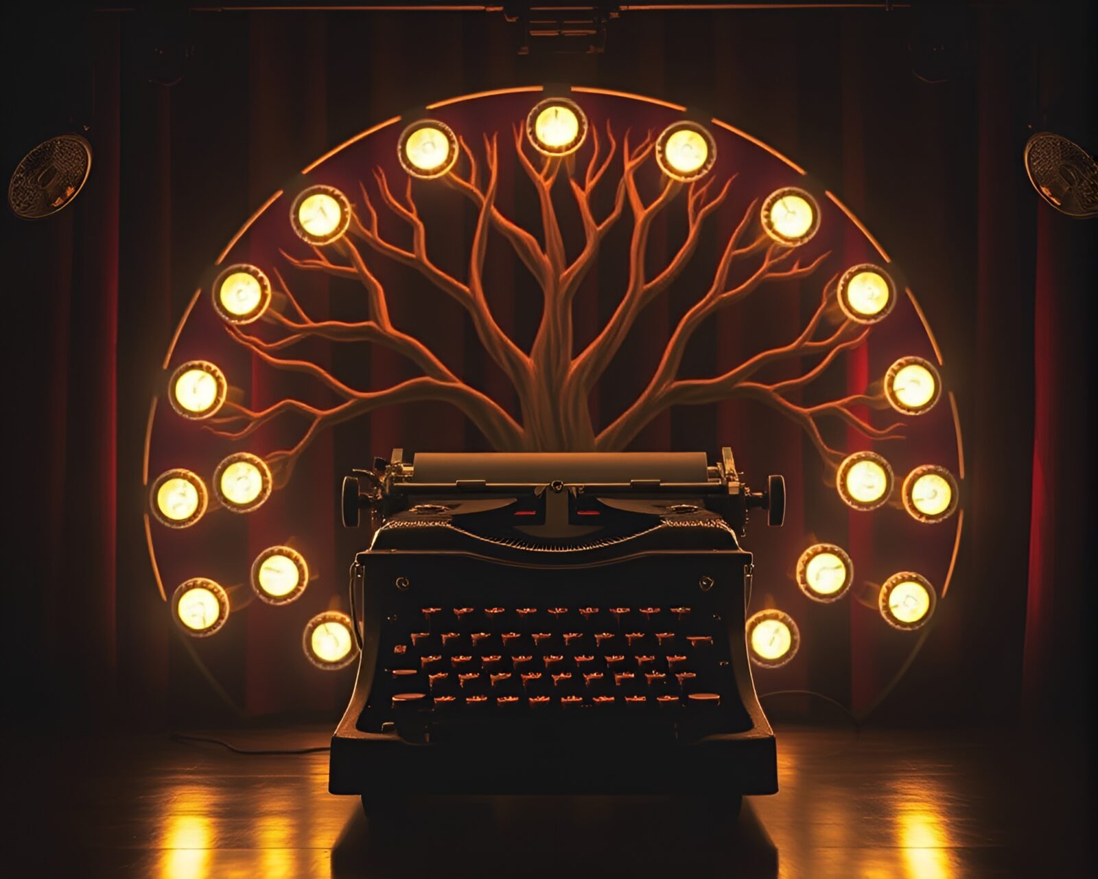 Antique typewriter under concert stage lights on tree ring platform