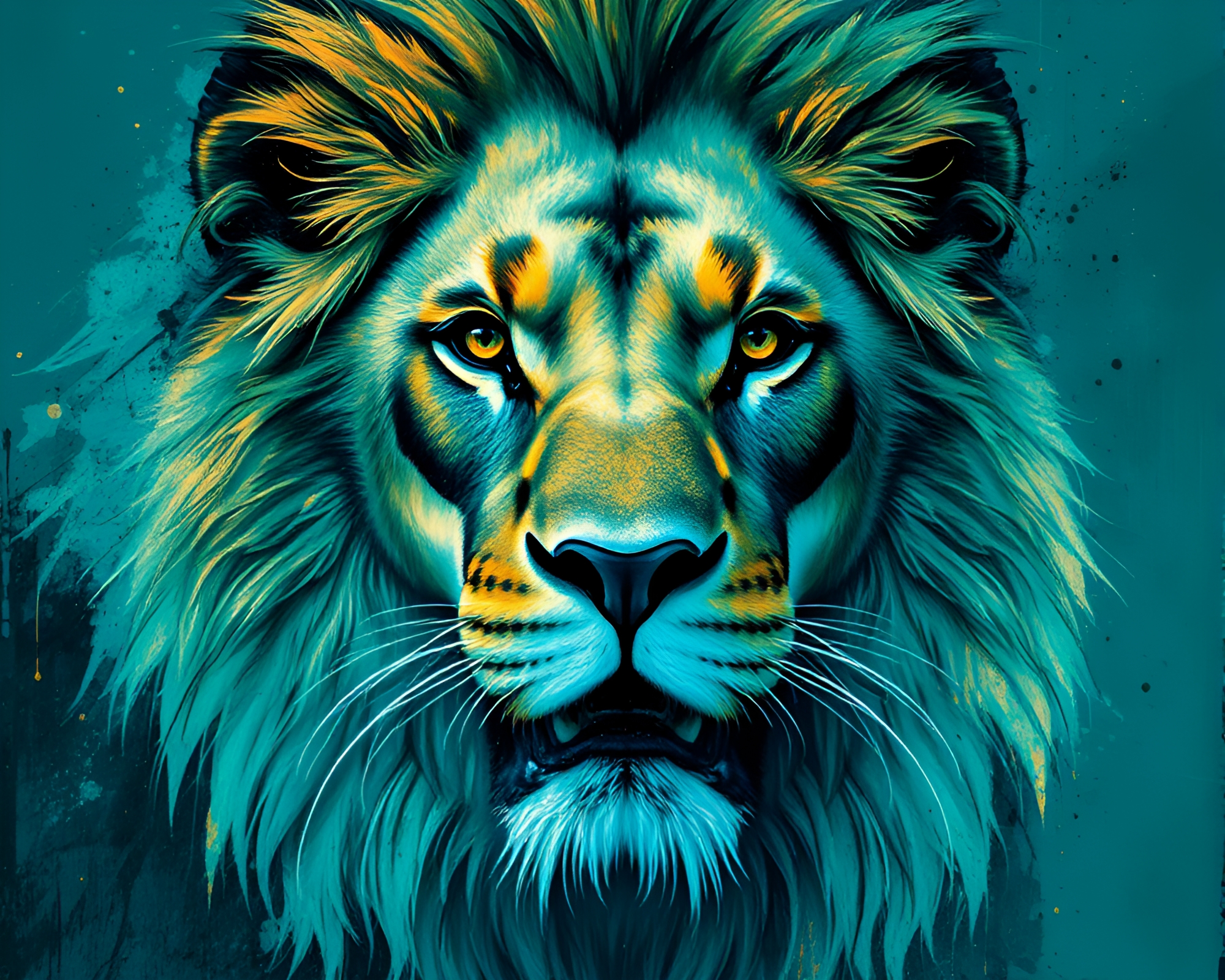 Teal Serenity: Lion Splatter Art Film Burn – free AI stock image