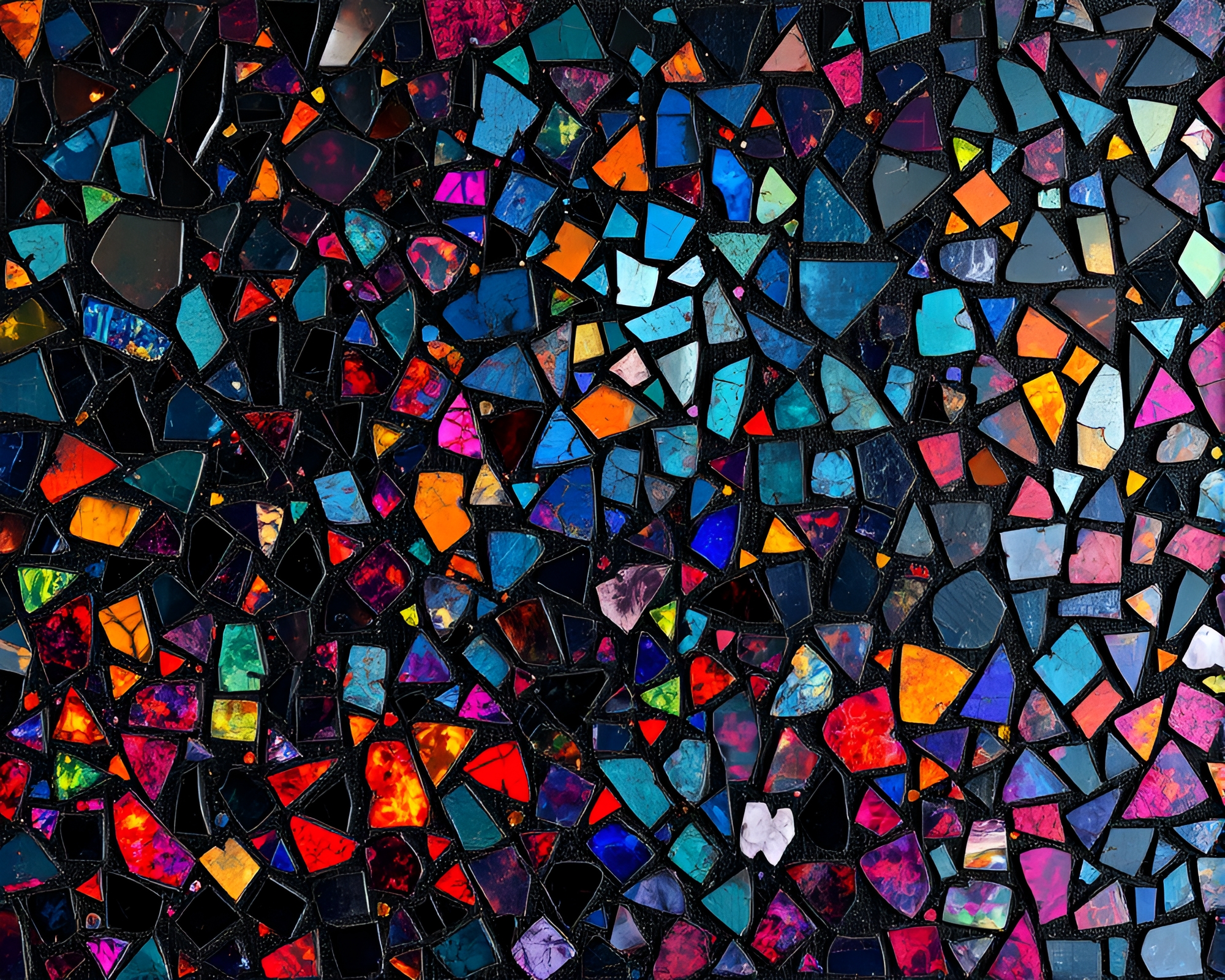 Satellite shards in strobe-lit impasto mosaic – free AI stock image