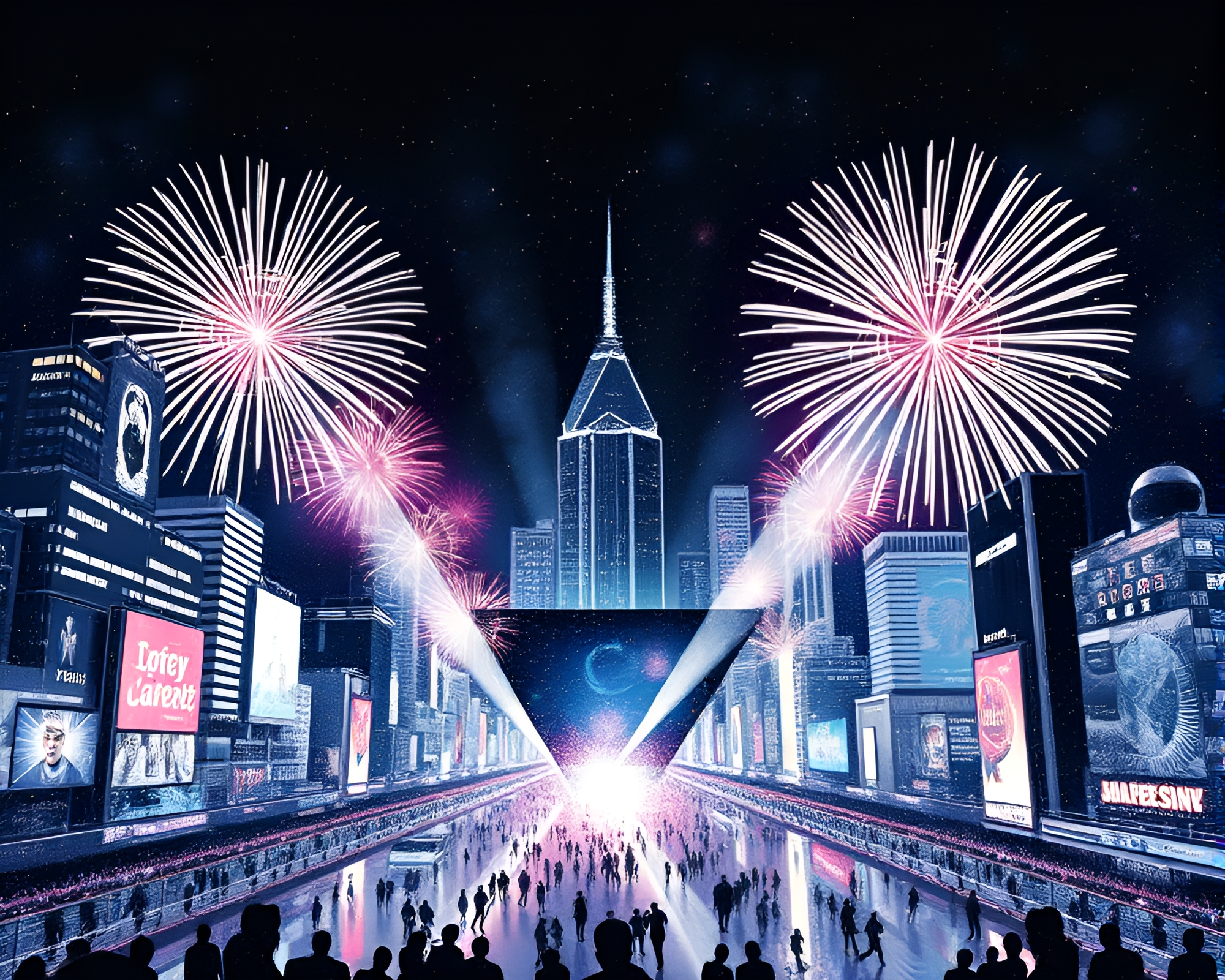 Futuristic City Prism Fireworks Engraving Scene – free AI stock image