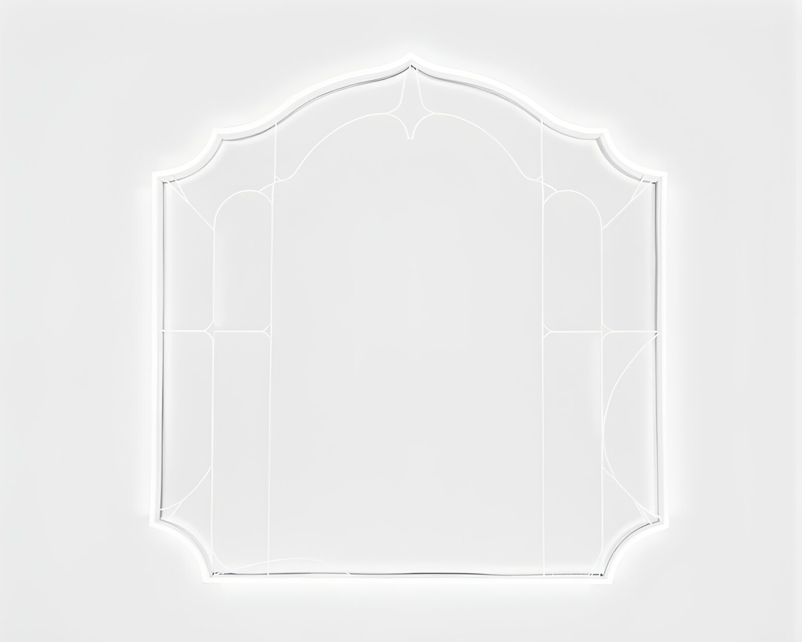 Ivory white underpainting with glowing neon wireframe and intricate stained-glass design