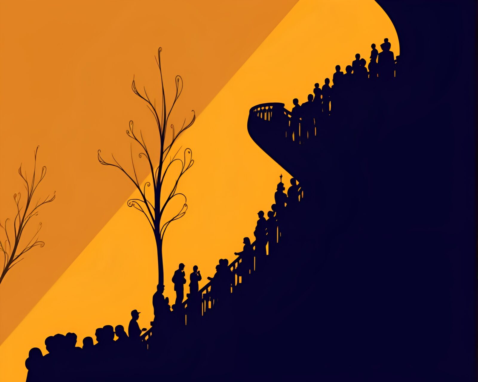 Crowd of silhouettes climbing Escher-inspired staircase in vibrant colors