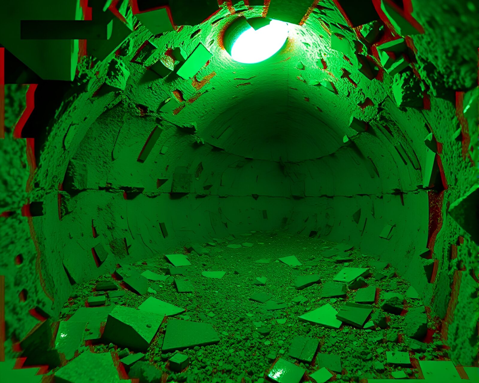 Anaglyph 3D illustration of a mint green bunker with glass shards