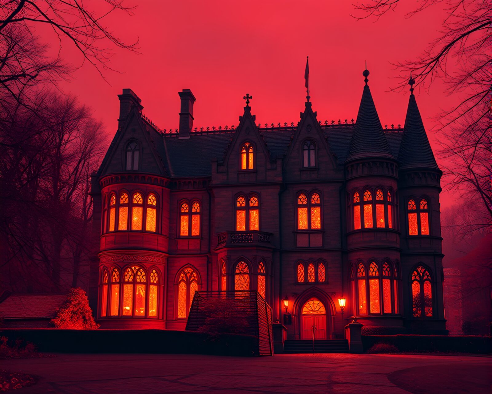 Majestic mansion with grain overlay and vignette effects