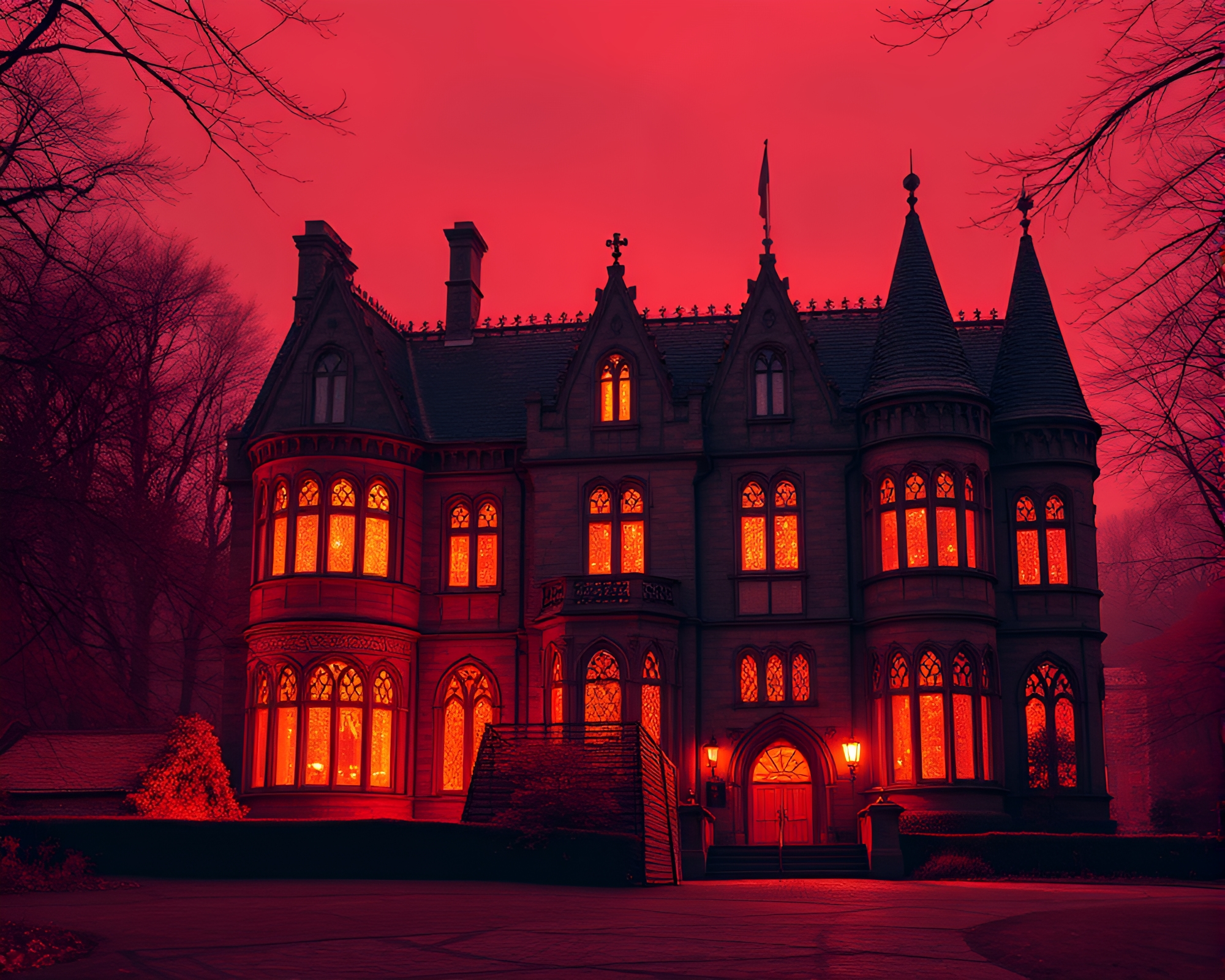 Ethereal Neo-Gothic Mansion Bathed in Infrared Warmth – free AI stock image