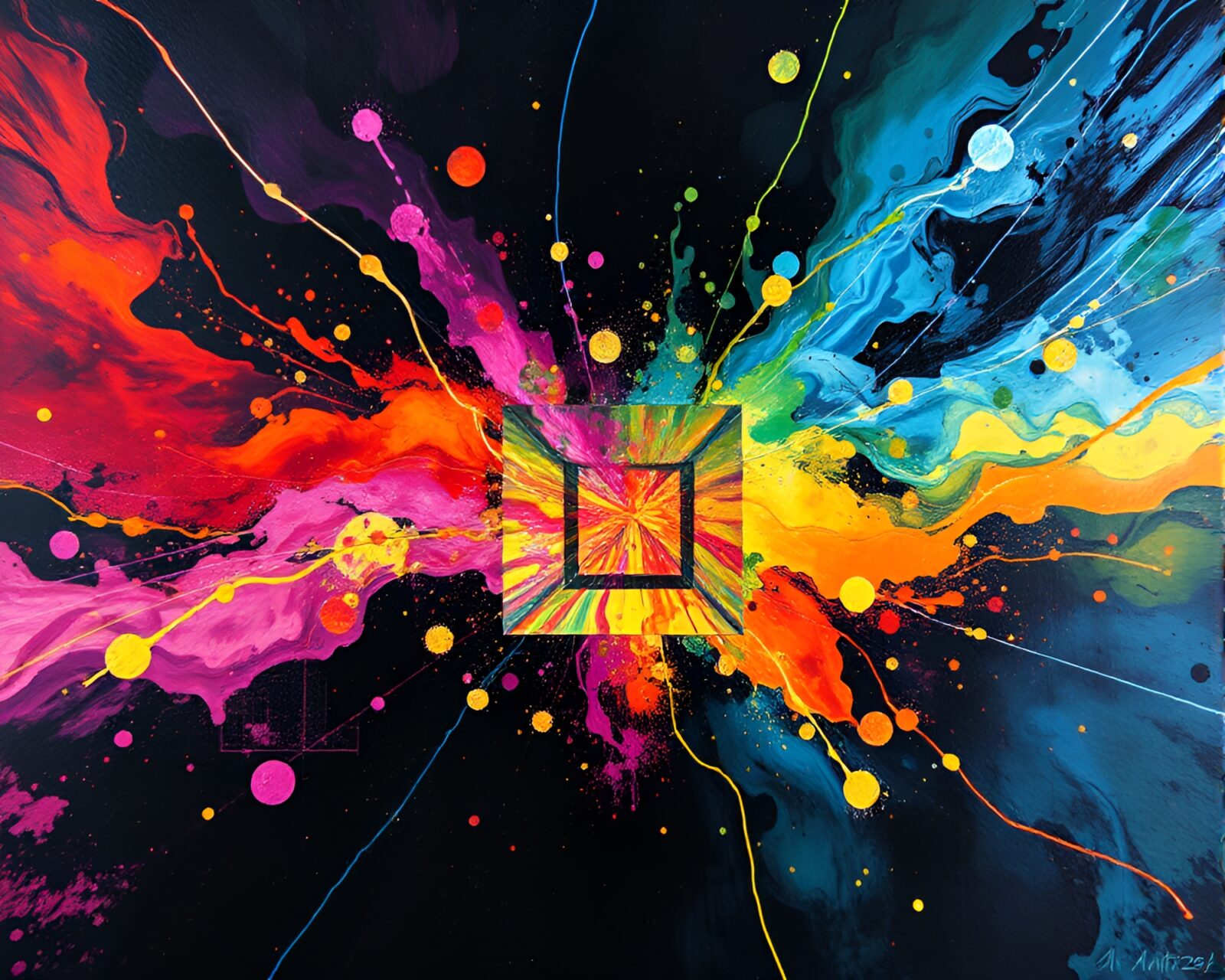 Vibrant encaustic painting with digital overlay and splashes of ink