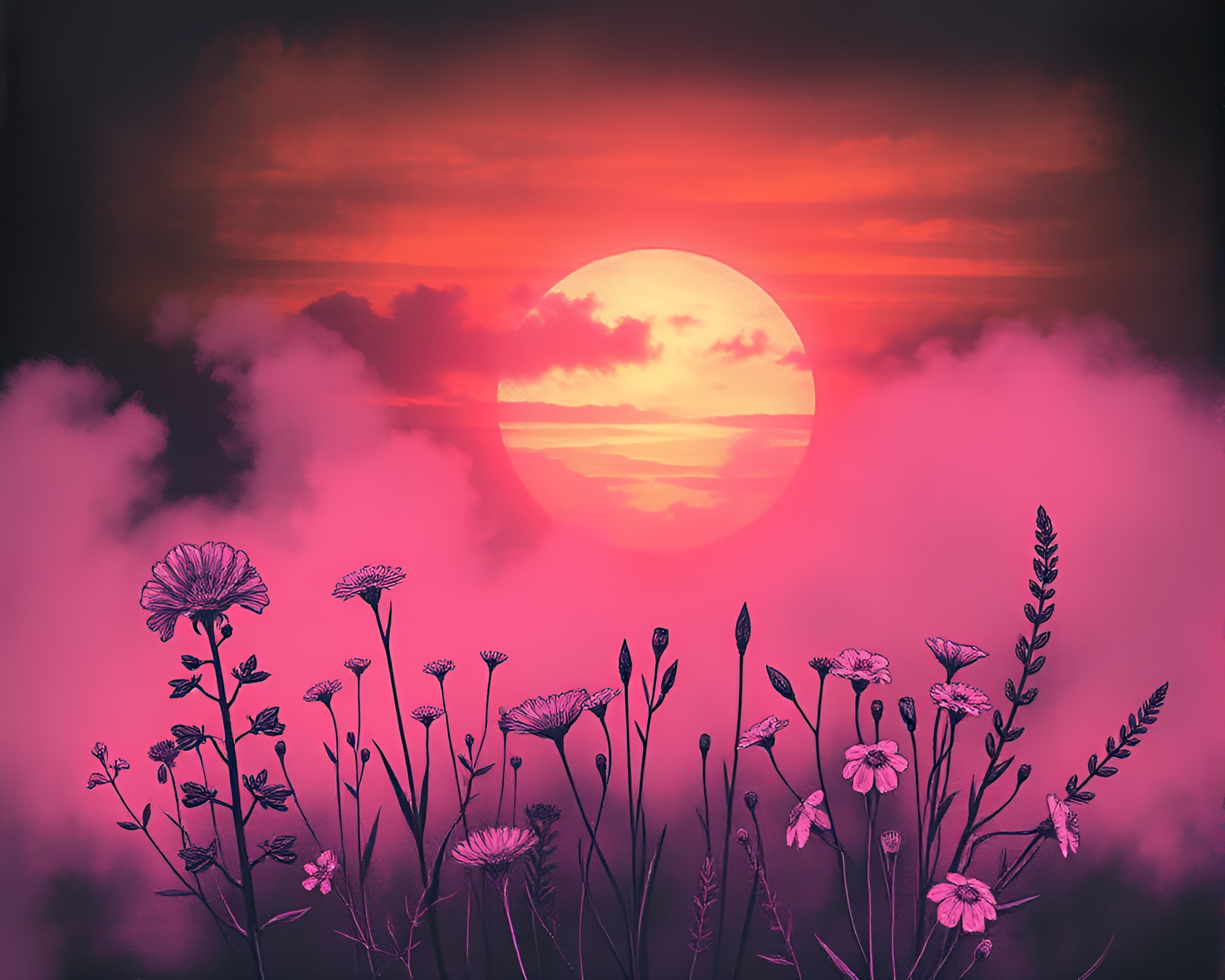 Vaporwave Sunset Botanical Chalk Illustration – free AI stock image