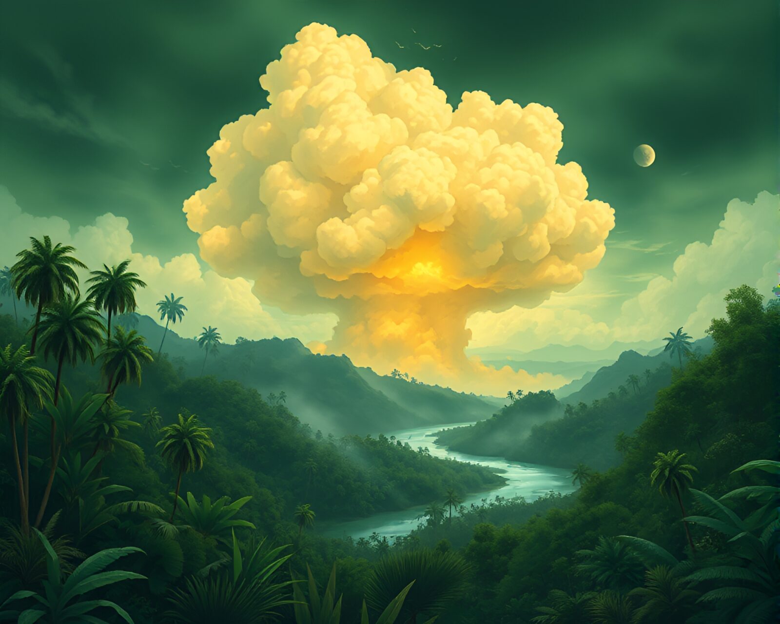 Vivid green haze over tumultuous river in botanical artwork