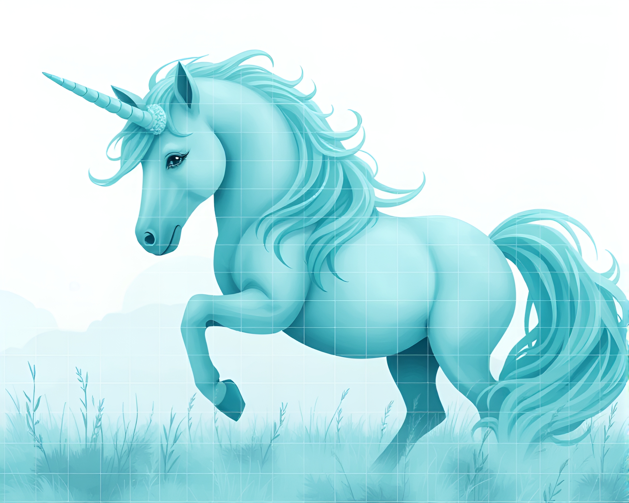 Majestic Unicorn in Teal Serenity Grid Hatching Composition – free AI stock image