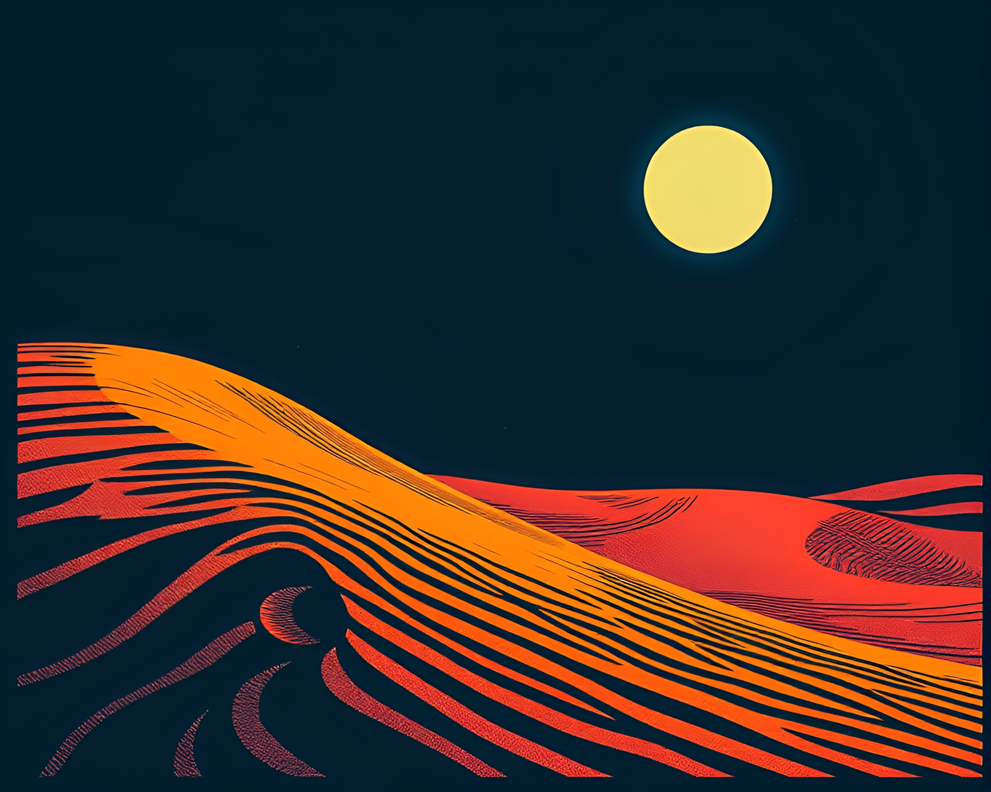 Neon Glow Sand Dune Linocut Print – free AI stock image