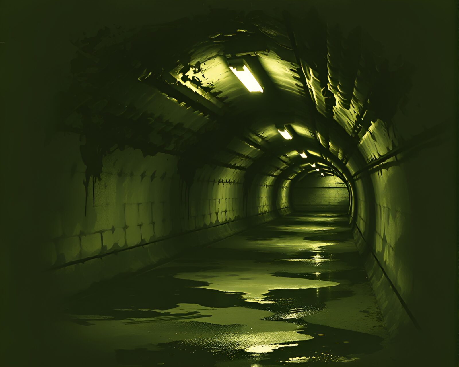 Abstract ink splashes in green-toned underground bunker x-ray style