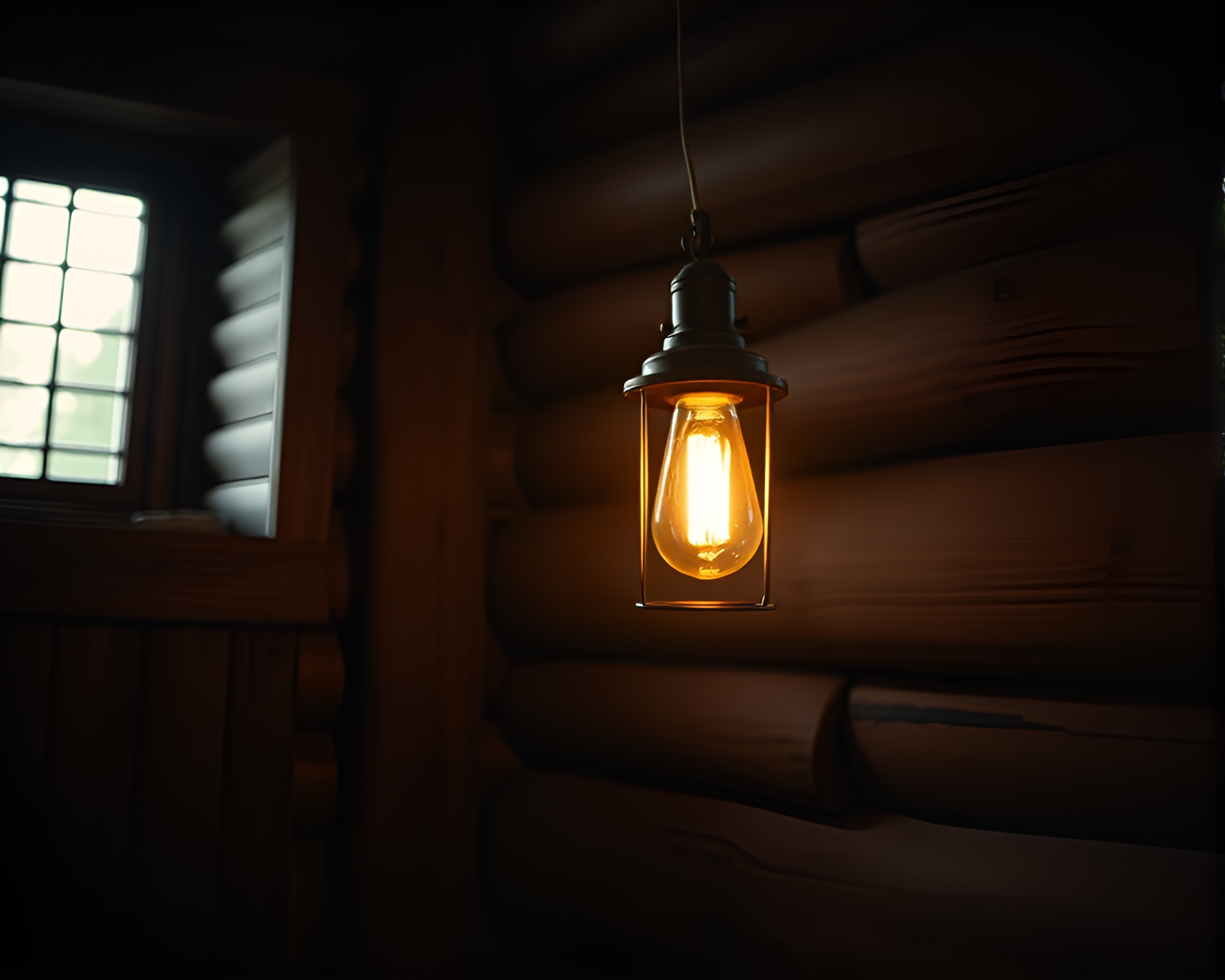 Rustic Cabin Bathed in Library Lamp Glow – free AI stock image