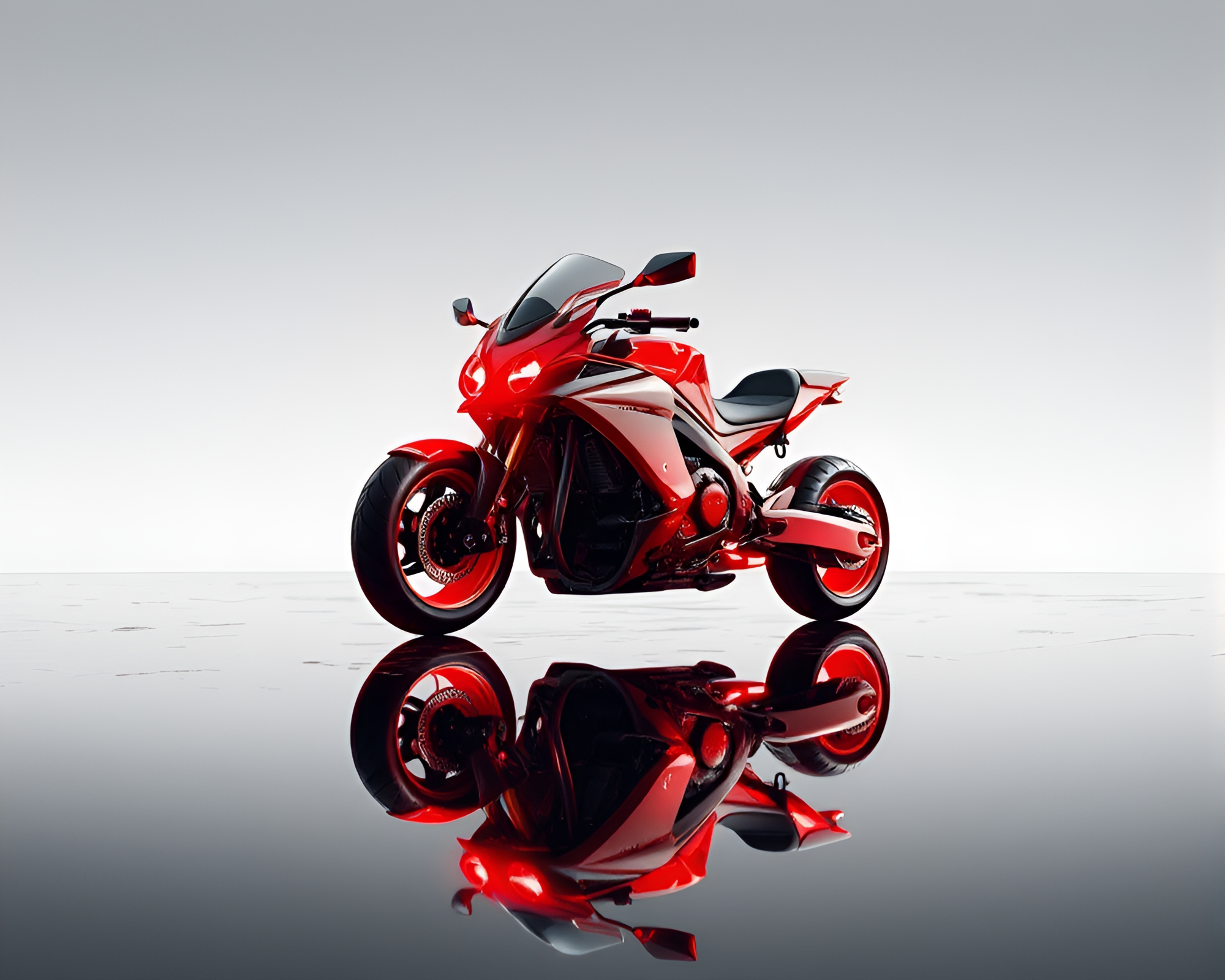 Futuristic Ruby Red Hoverbike Reflecting on Water Surface – free AI stock image