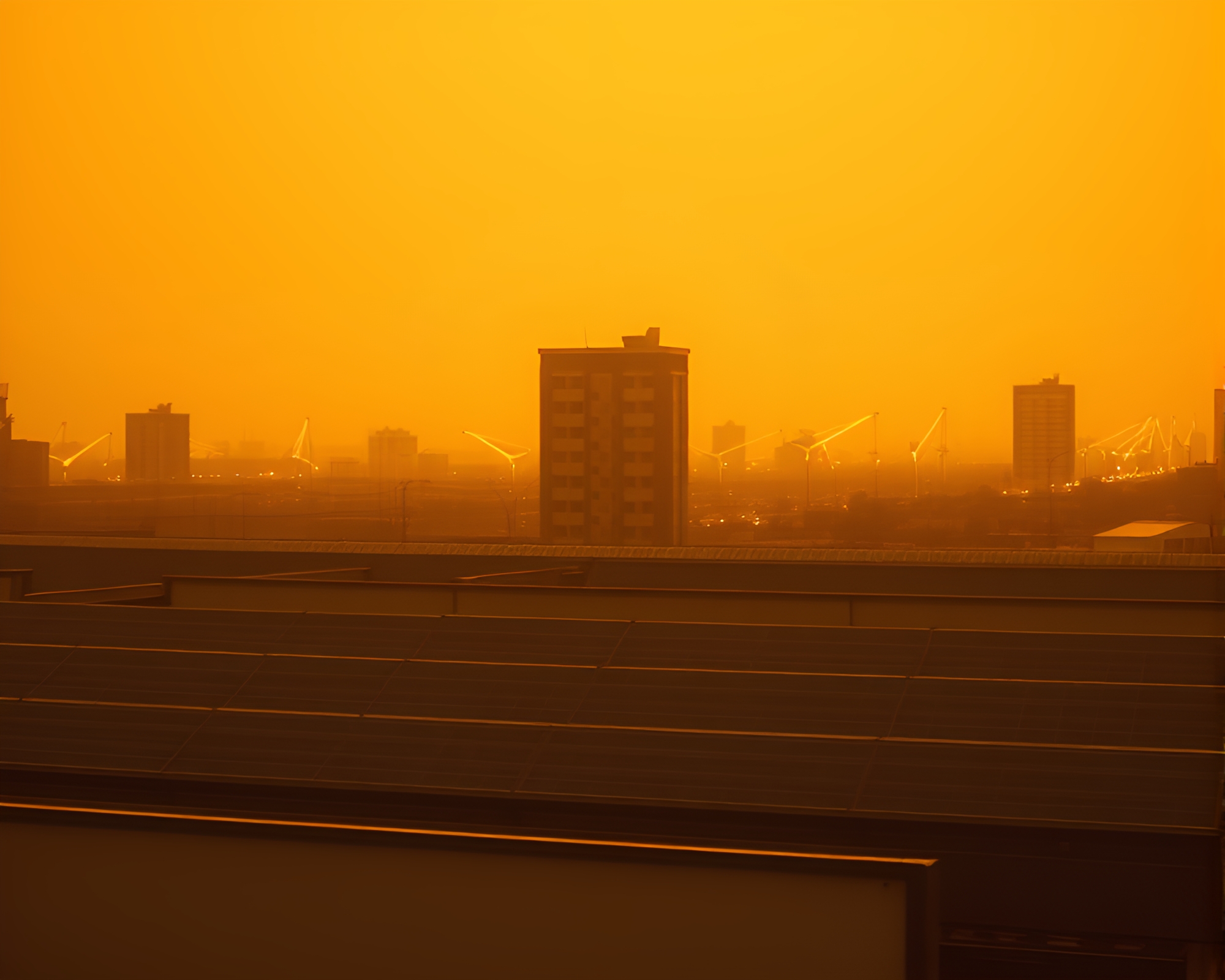 Solar Panel Array Glowing in Neon City Sepia Lights – free AI stock image