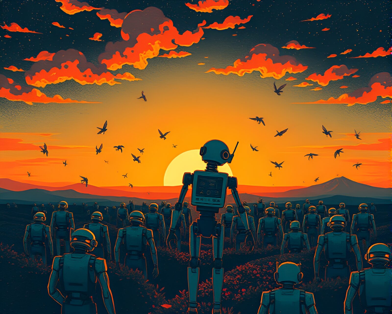 Warm sunset hues in an x-ray style nanobot swarm