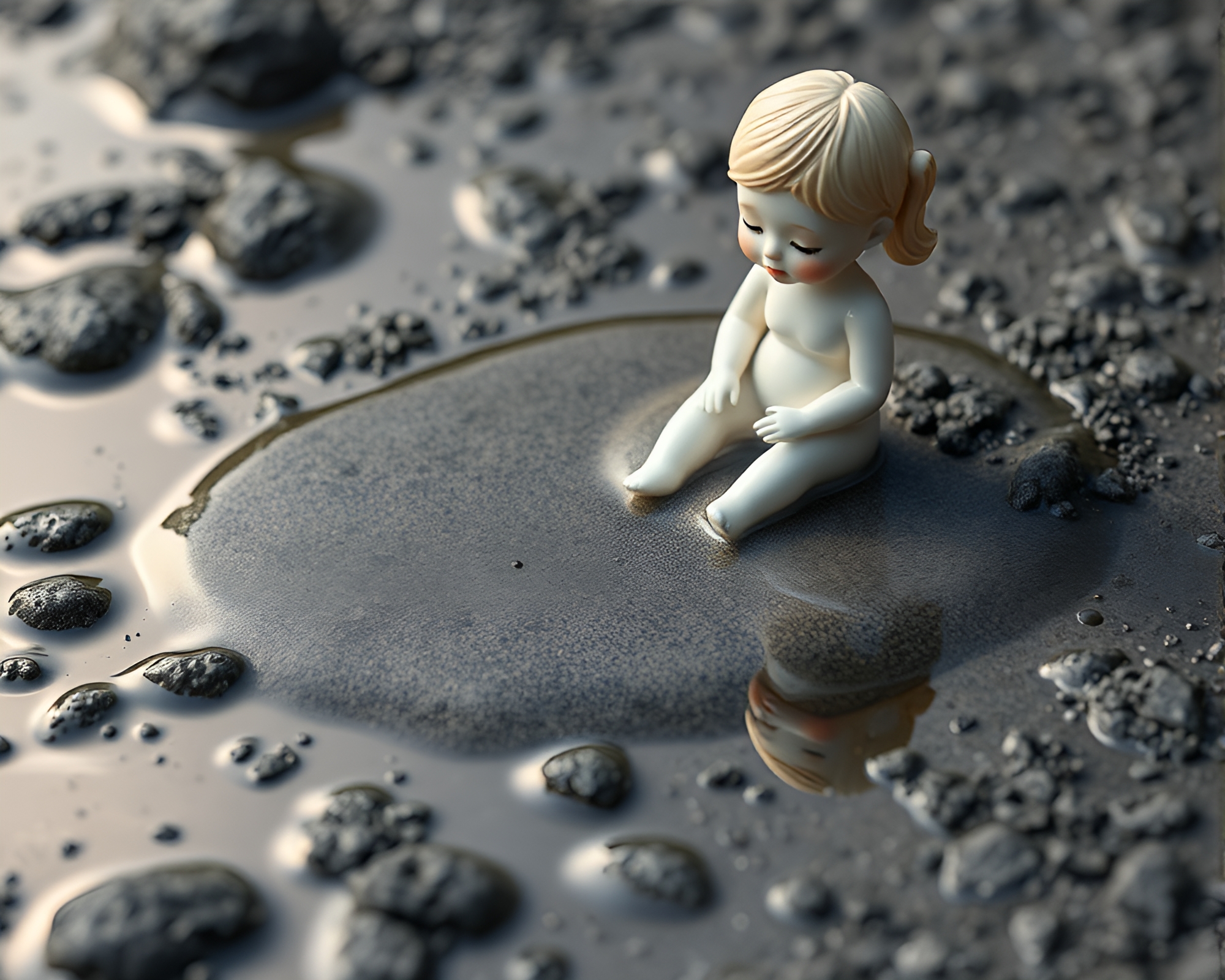 Surreal Porcelain Doll Reflection in Volcanic Ash Puddle – free AI stock image
