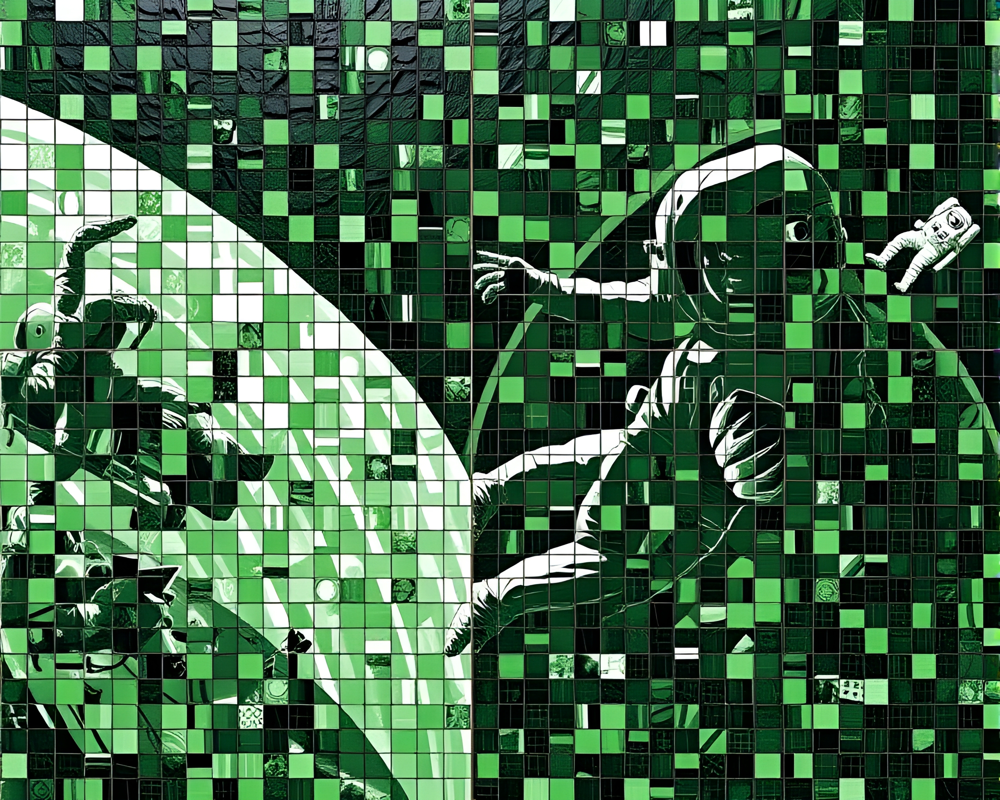 Monochrome Green Astronaut Mosaic Tiling Composition – free AI stock image