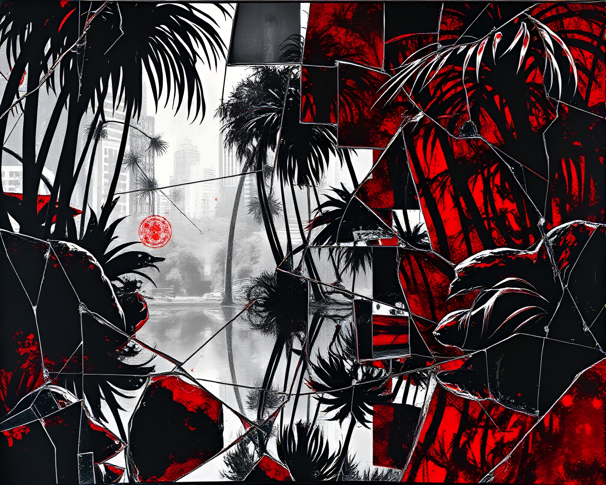 Shattered Jungle: Monochrome Red Dadaist Reflection – free AI stock image