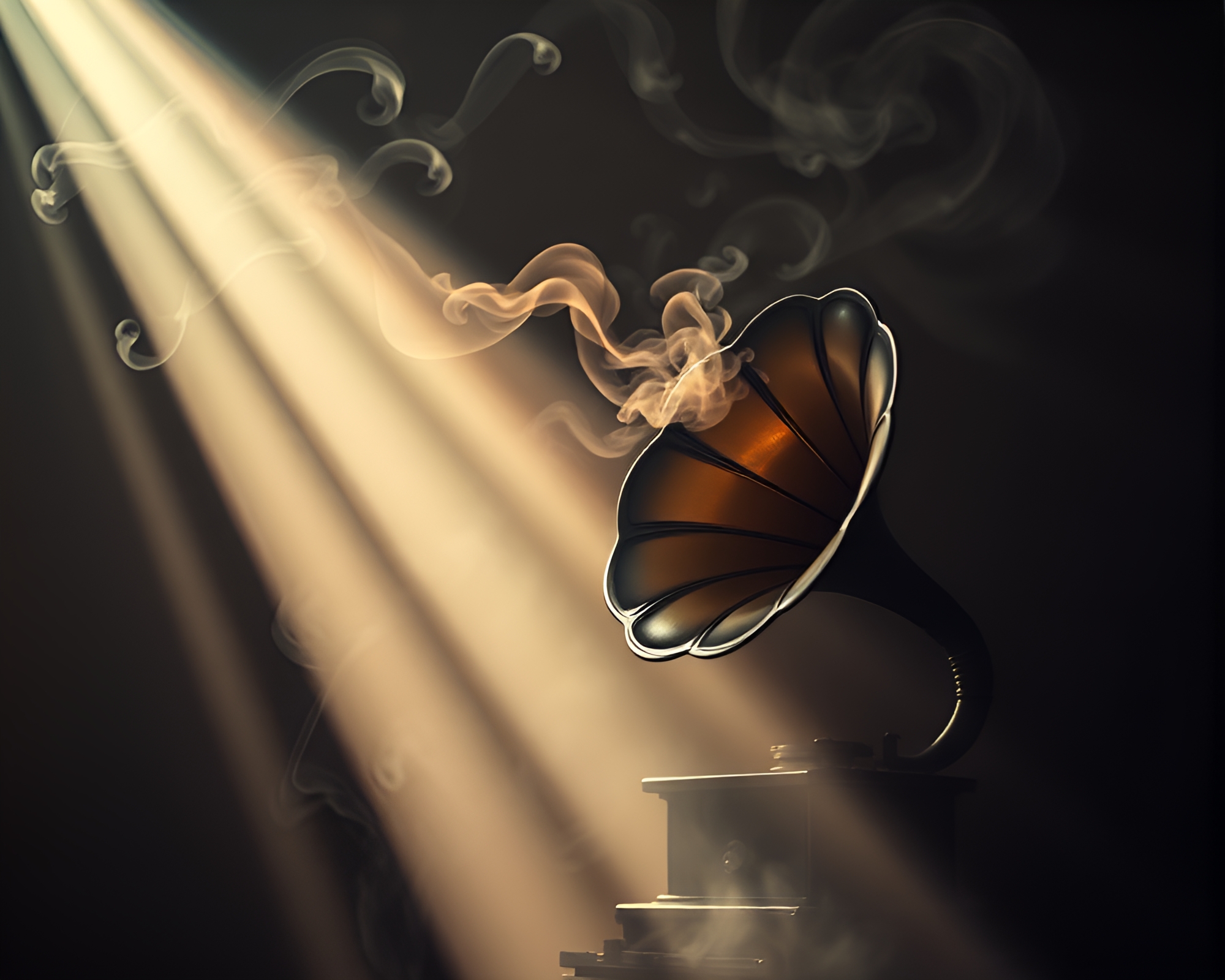 Steampunk Gramophone Emitting Smoke Plume in Sunbeam – free AI stock image