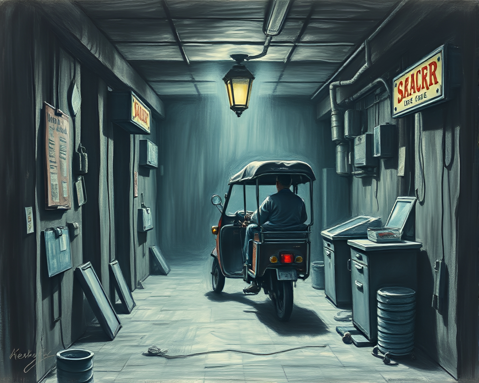 Rickshaw Driver in Basement Gloom: Conté Crayon Art – free AI stock image