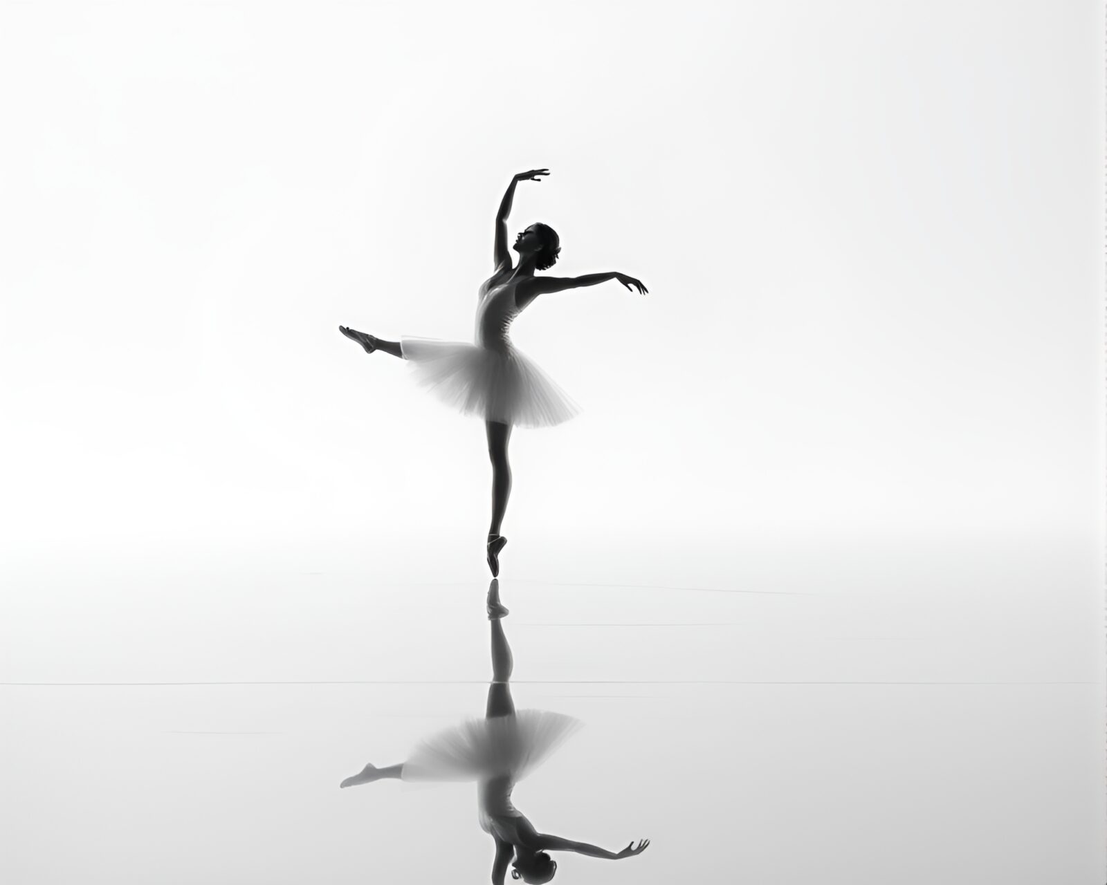 Graceful ballerina in pastel gradient lighting reflects on water