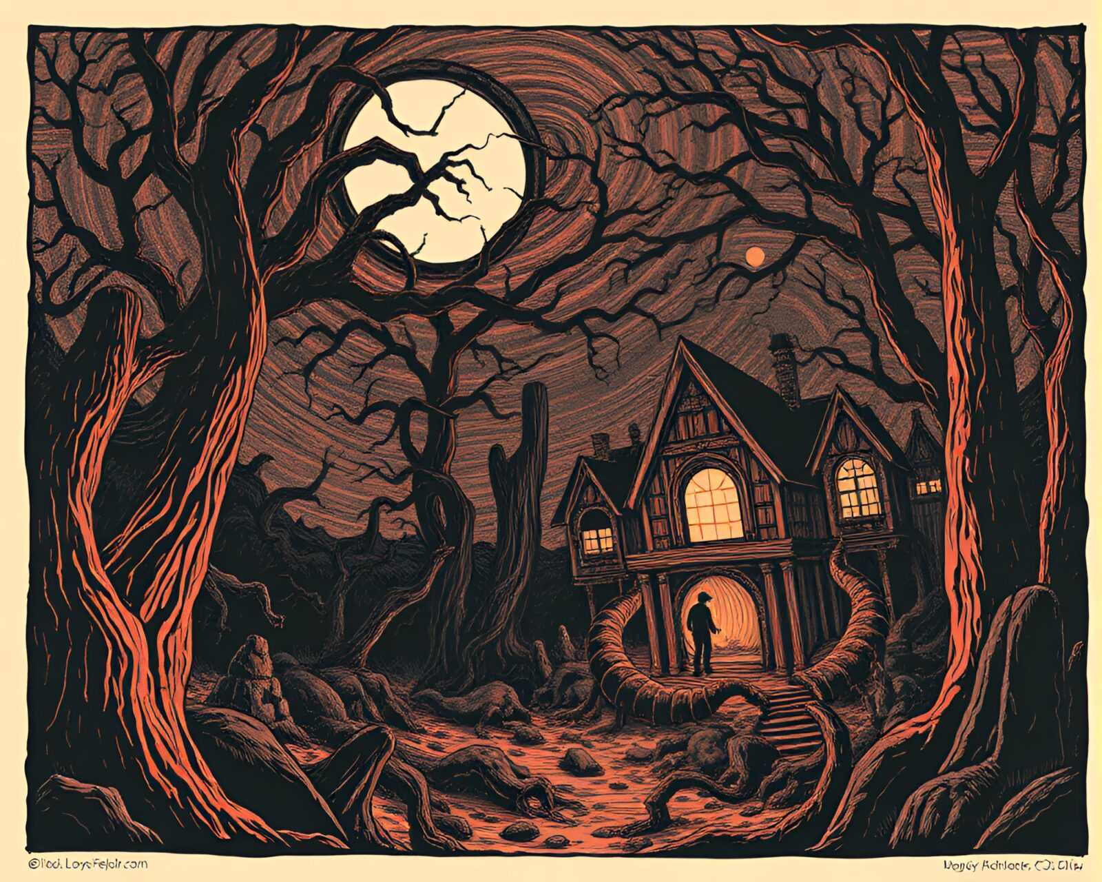 Wide-angle view of eerie forest with Lovecraftian horrors, woodcut style