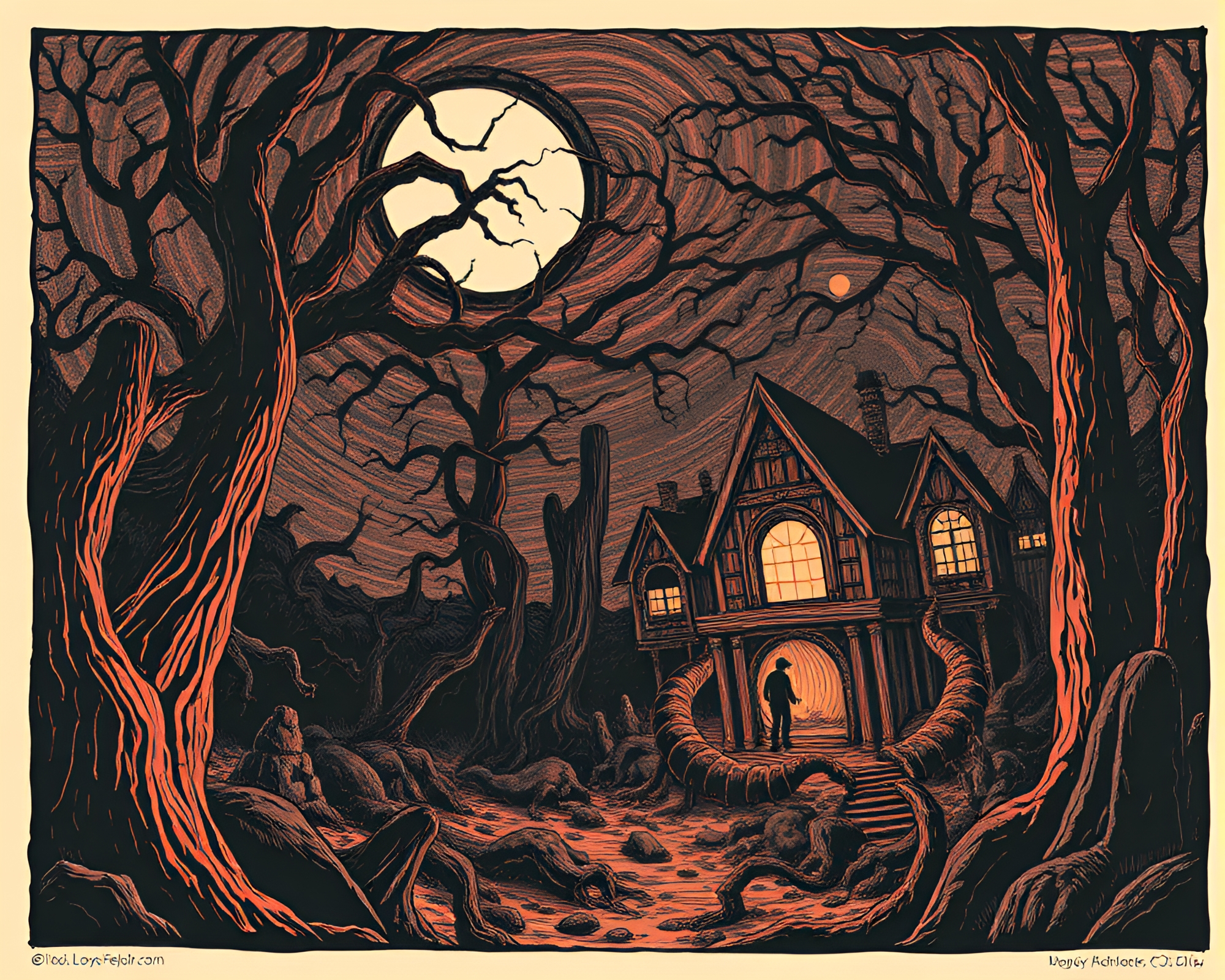 Eldritch Lovecraftian Woods in Peachy Glow Print – free AI stock image