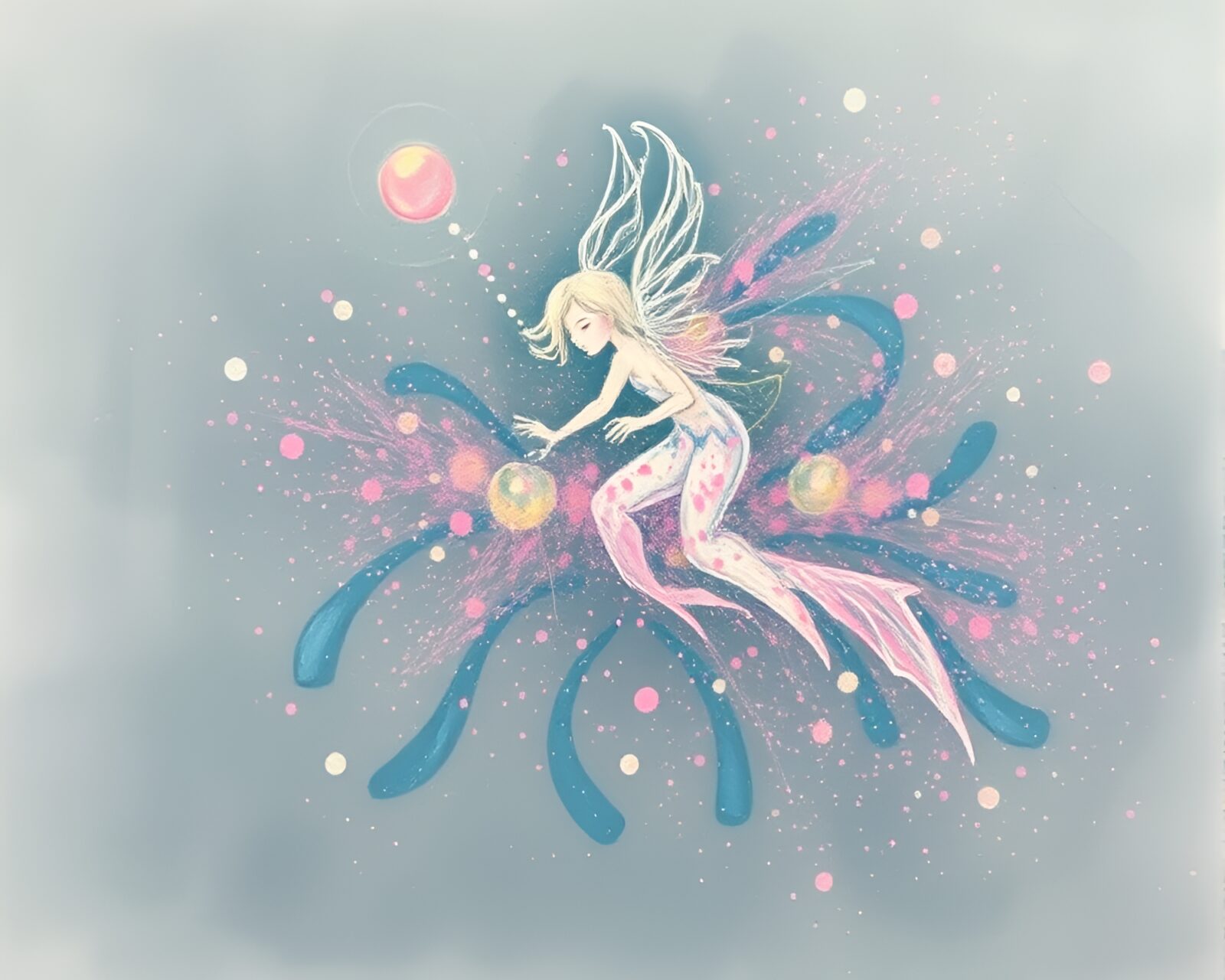 Dreamy depiction of nymph with calligraphy amidst ethereal particles