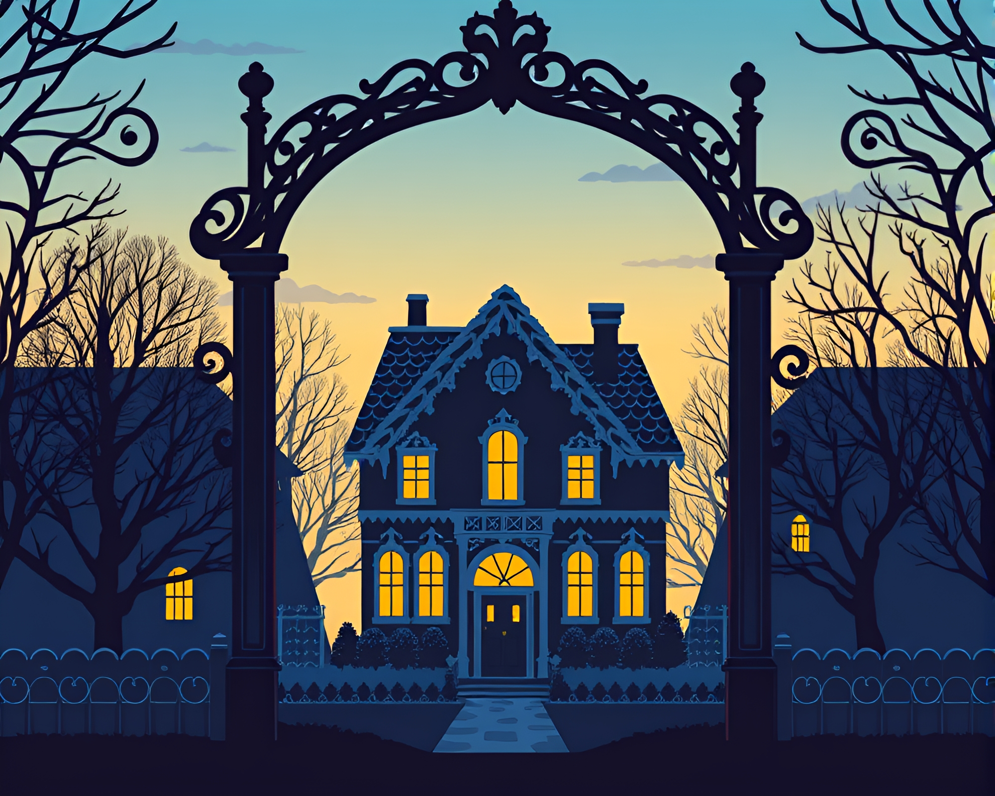 Twilight Gingerbread Silhouette with Architectural Frame – free AI stock image